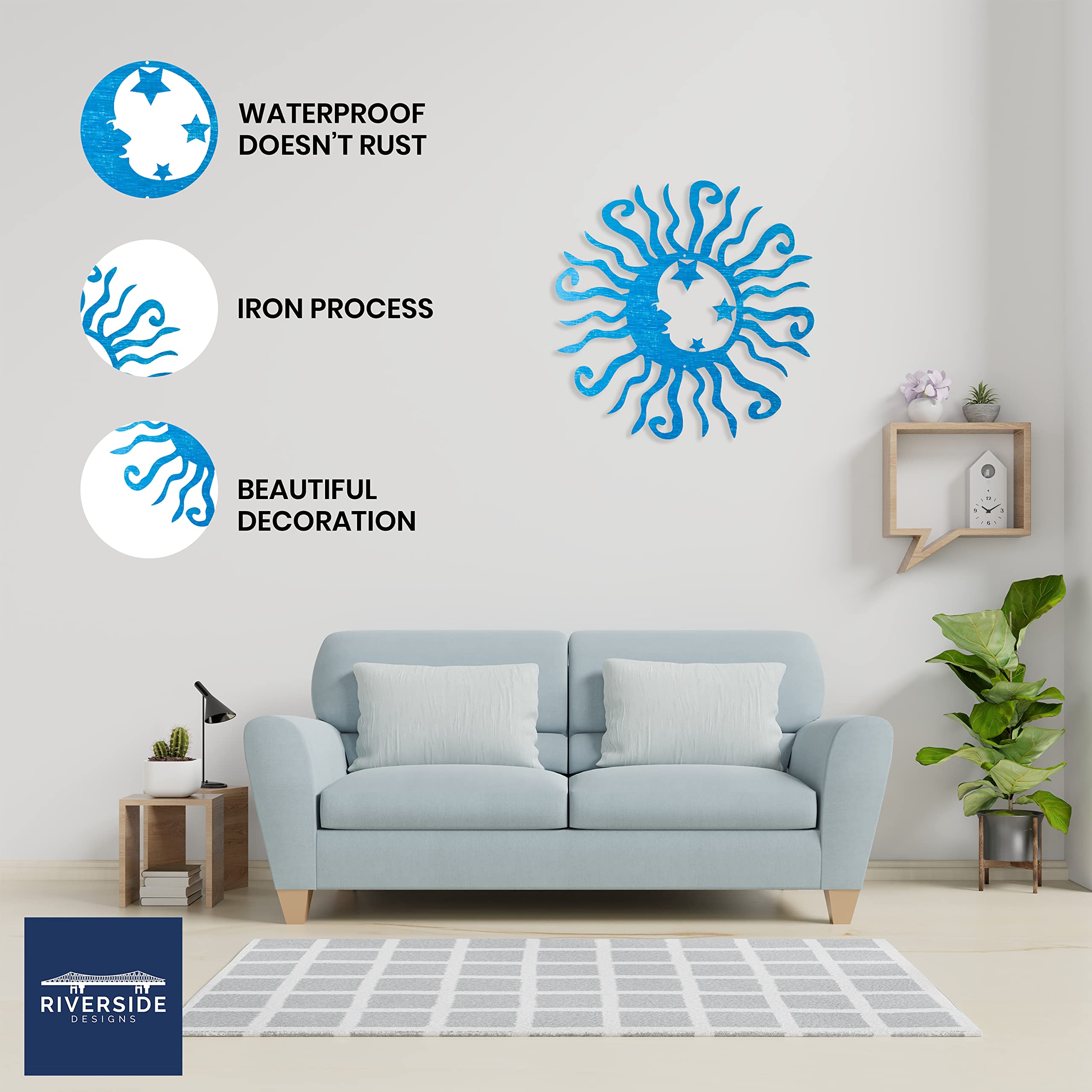 Riverside Designs Wacky Solar Moon Metal Wall Art Steel Outdoor Decor | Heavy-Duty and Waterproof | Made in USA (Teal, 12L x 12W)