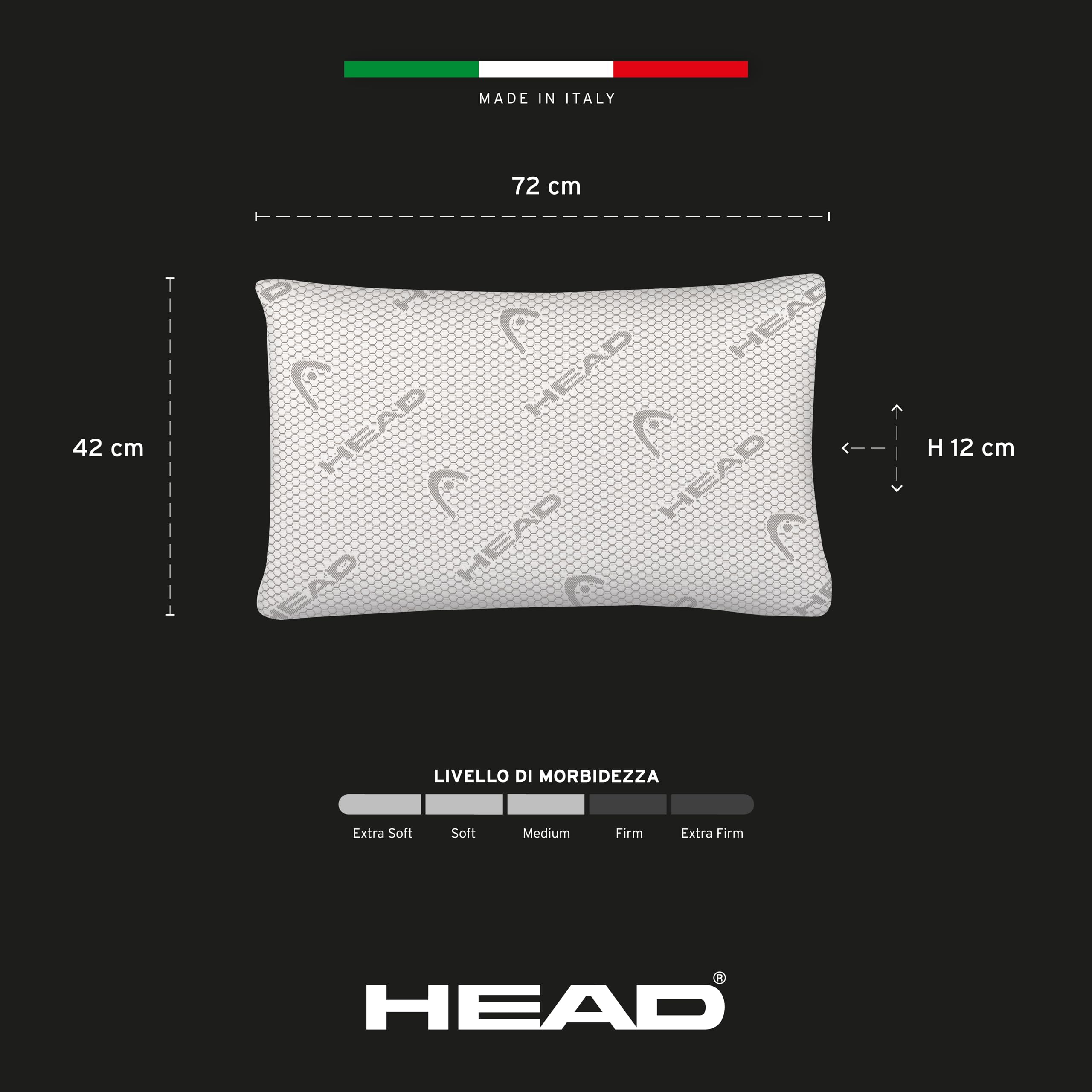 HEAD Active Rest - Cuscino Memory Foam Traforato, Cuscino Cervicale per Dormire Ergonomico in Grafene Antistatico Mantiene Melatonina Alta, Cuscino Letto con Federa Tessuto Lavabile 42x72, Bianco/Grey