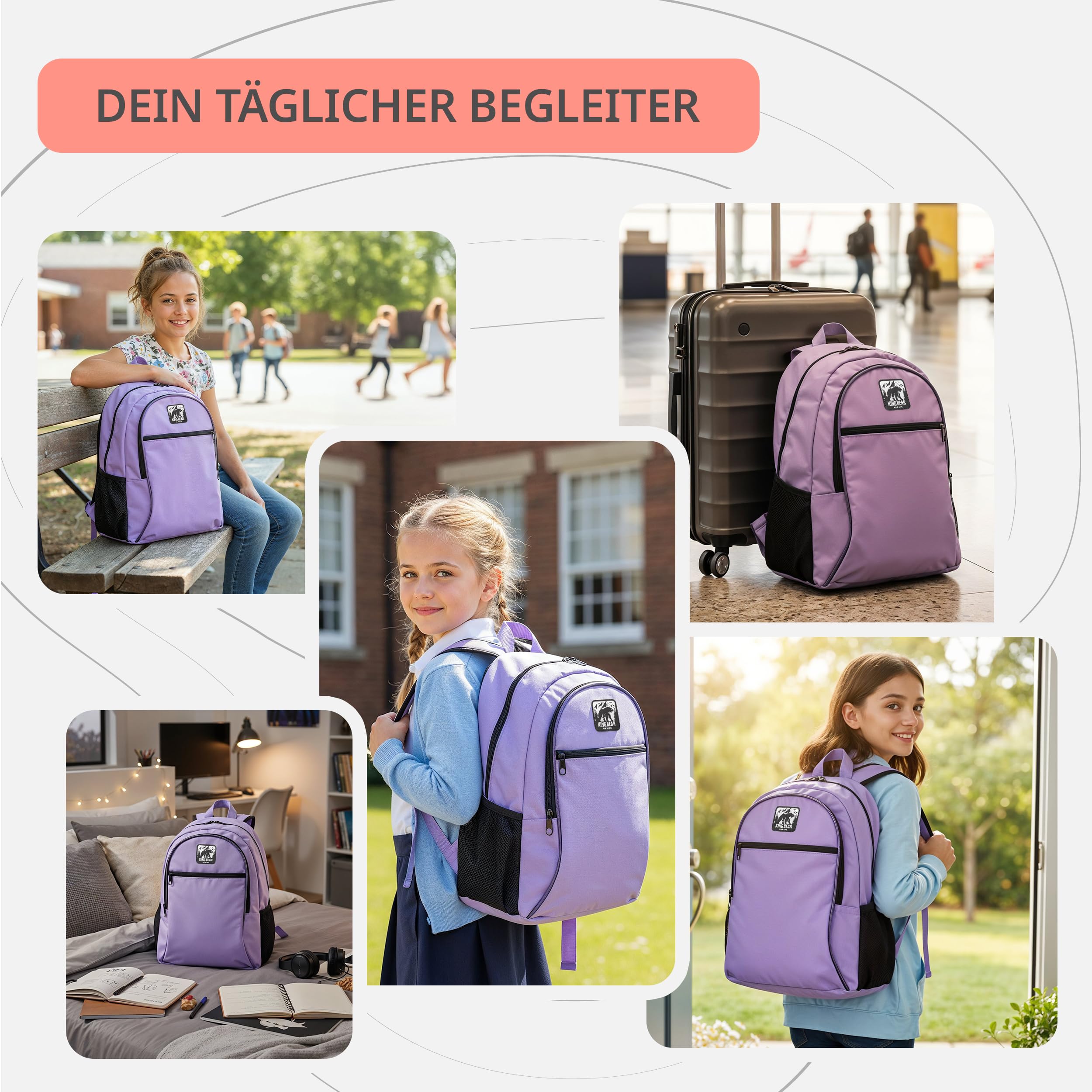 King Bear WL | Kinder Schulrucksack für Jungen Mädchen | 20 L Volumen | 3 Fächer für Grundschule & Weiterführende Schule | Wasserabweisend | Tagesrucksack