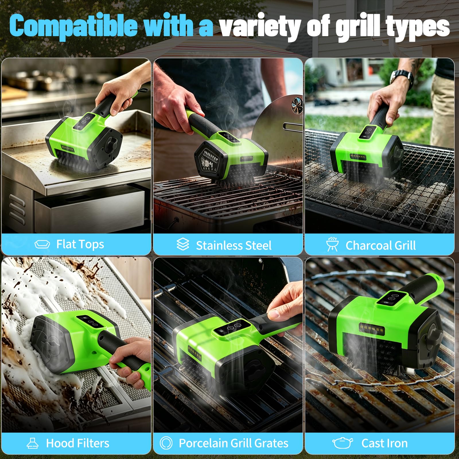 Spazzola elettrica per griglia, 2 velocità, ricaricabile, per barbecue, fino a 160 minuti di autonomia, spazzola in acciaio inox 304, luce LED, 2 testine incluse, la maggior parte delle griglie per