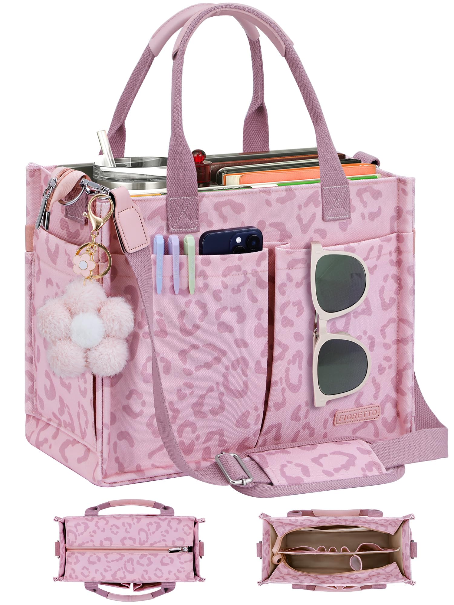 FIORETTO Womens Canvas Tote Bag Purse with Individual Compartment, Zipper Top, Reinforced Bottom &amp; Luggage Sleeve