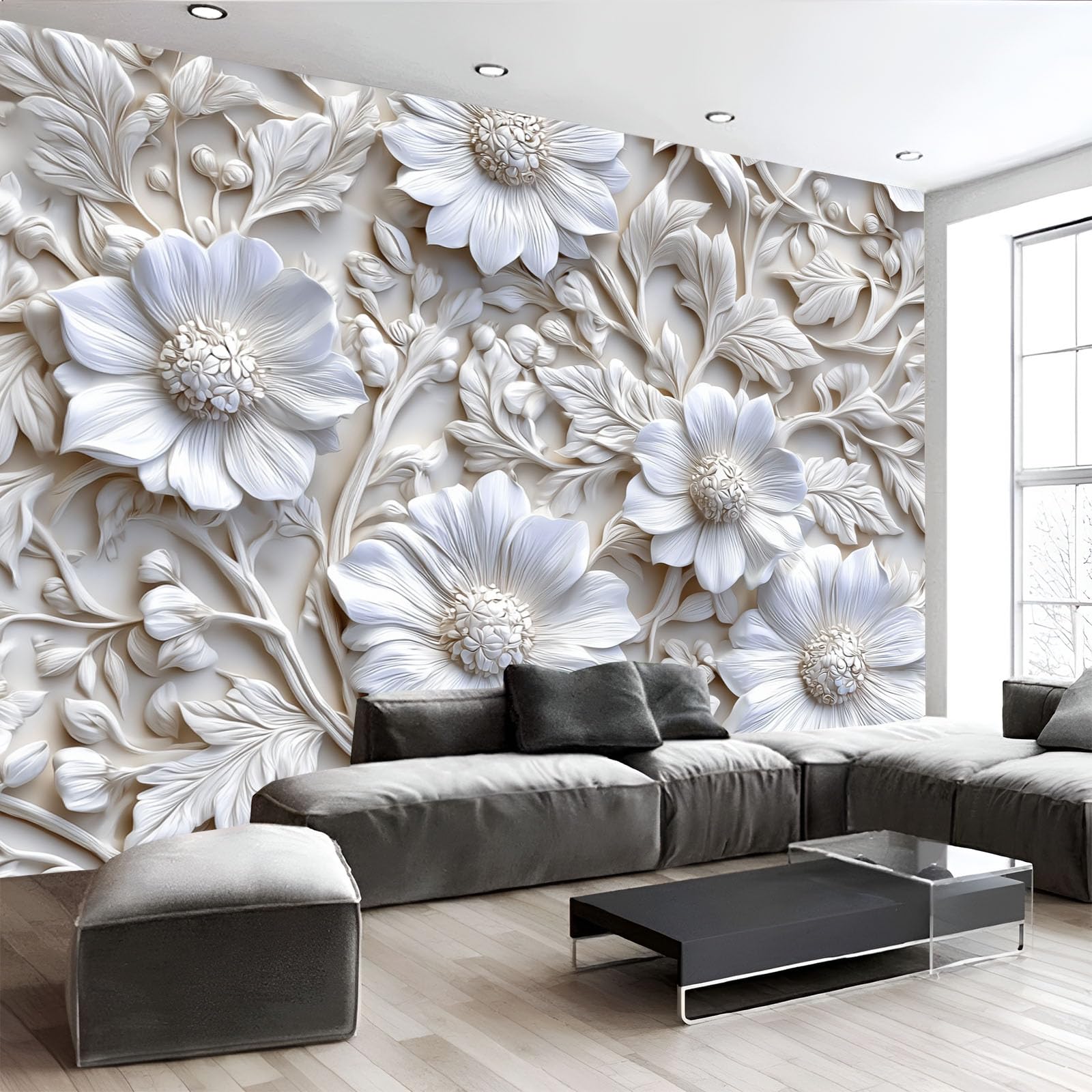 Fototapete Blumen Blätter 400×280cm(W×H) Fototapeten Vlies Tapeten Moderne Blumen Pflanzen Vliestapete Wandtapete Wohnzimmer Schlafzimmer
