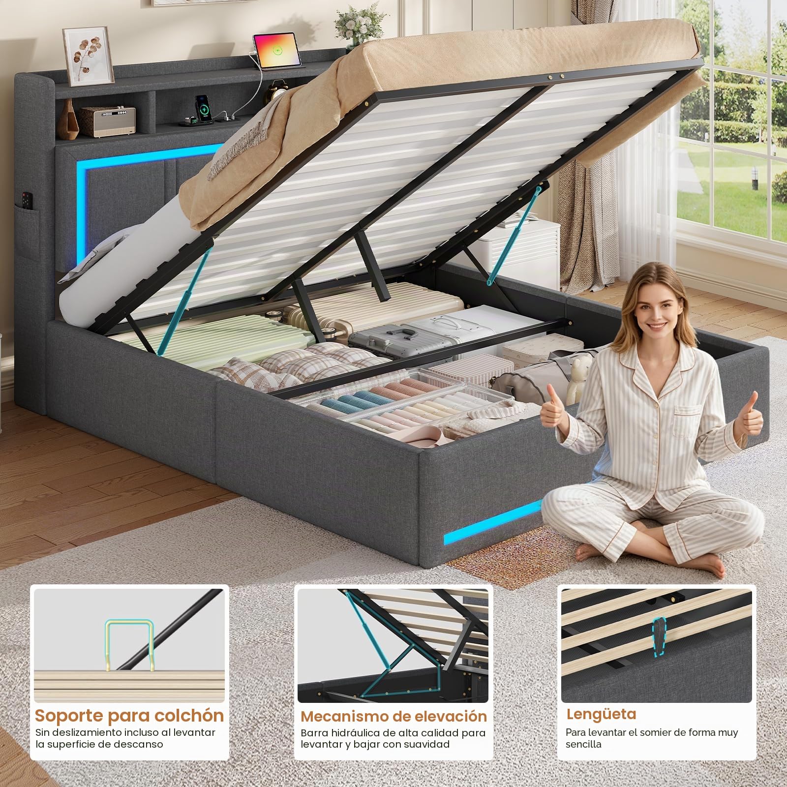 AOGLLATI Estructura Cama Matrimonio con Canapé Abatible 140x200 Gris Oscuro | LED regulable, 3 USB, 1 Type-C, almacenamiento hidráulico, cabecero tapizada