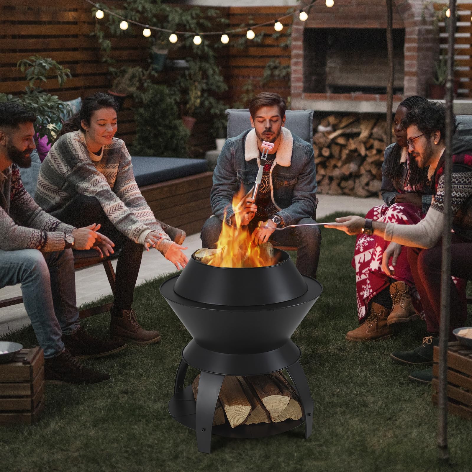 GYMAX Foyer Extérieur en Métal, Brasero Compact 3 en 1 avec Cendrier, Étagère Inférieure pour Rangement de Bûches, Trous pour Entrée d'air, pour Barbecue, Camping