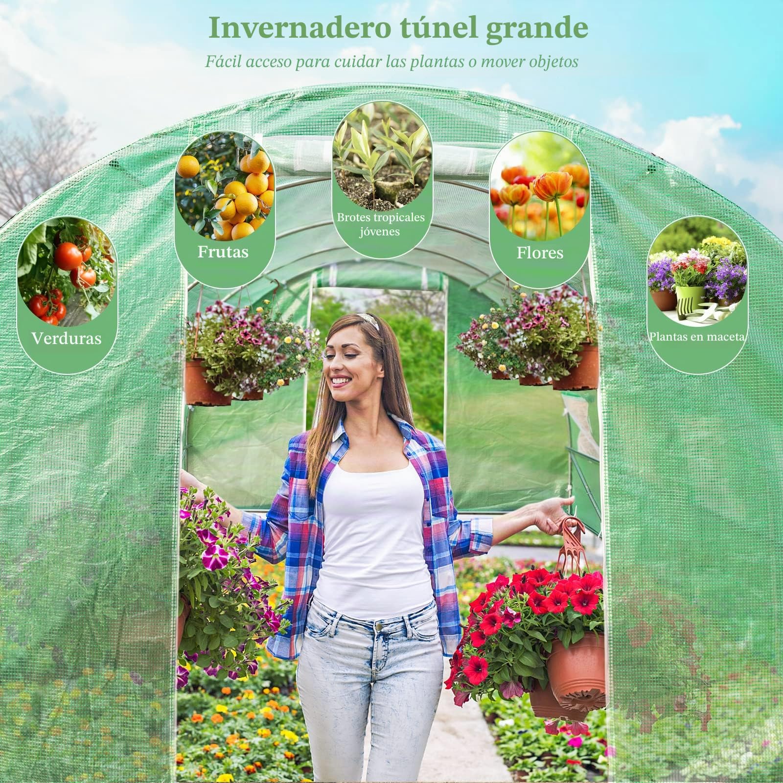 RELAX4LIFE Invernadero de jardín, 18 m², Invernadero túnel de jardín 6x3x2m con Marco de Acero galvanizado, 2 Puertas y 10 Ventanas enrollables, Funda de PE para Verduras, Frutas, Flores