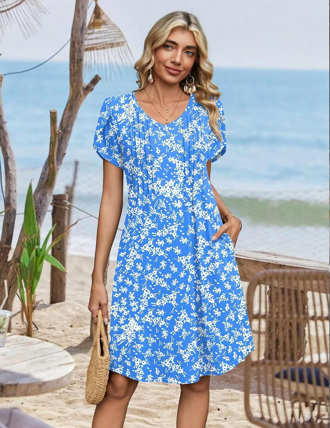 Zeagoo Summer Dresses for Women Casual A Line Dress 2026 V Neck Short Dresses Floral Sundress Pleated Boho Dress - Image 5