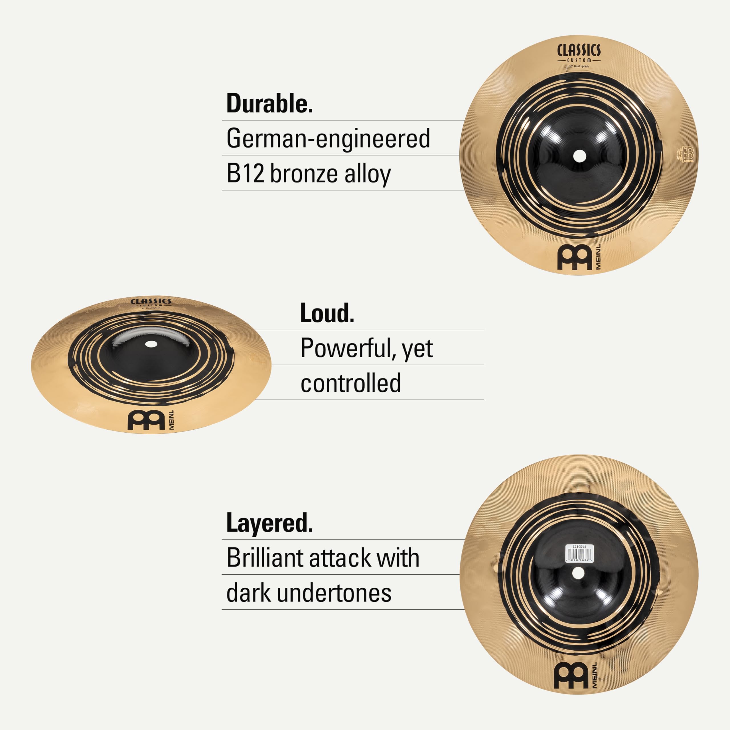 Meinl Cymbals Classics Custom Dual Piatto Splash 10 pollici (25,40cm) per Batteria - Bronzo B12, Finitura Scura e Brillante - Prodotto in Germania (CC10DUS)