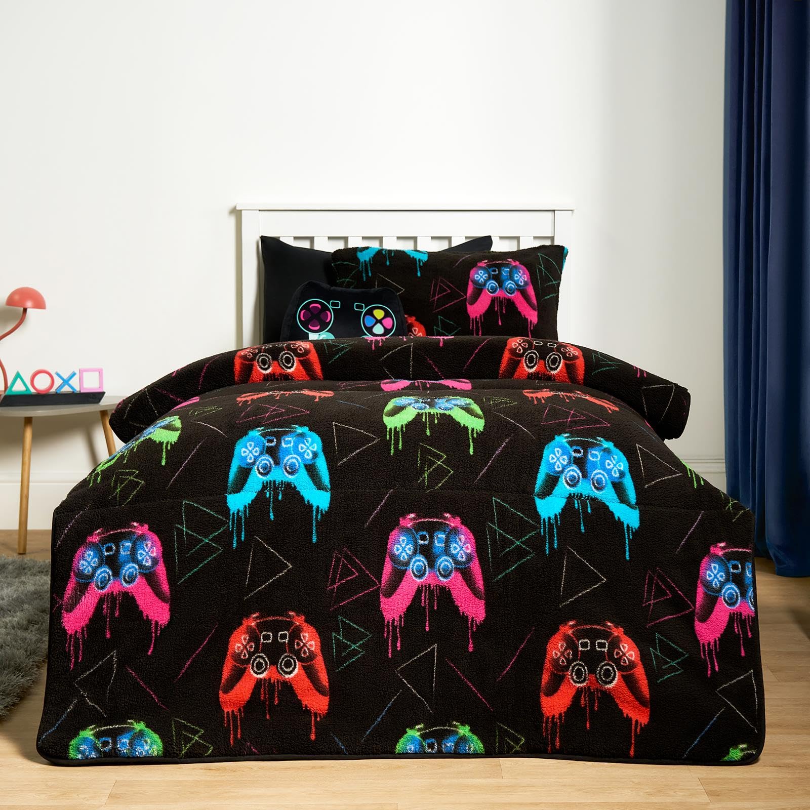 Ohs Black - Gaming Teddy Fleece Coverless Duvet Single, 10.5 Tog Coverless Duvet For Kids Ultra Soft Warm Gaming Bedding All Season Quilt Kids Single Duvets With Pillowcase, 135 X 200Cm