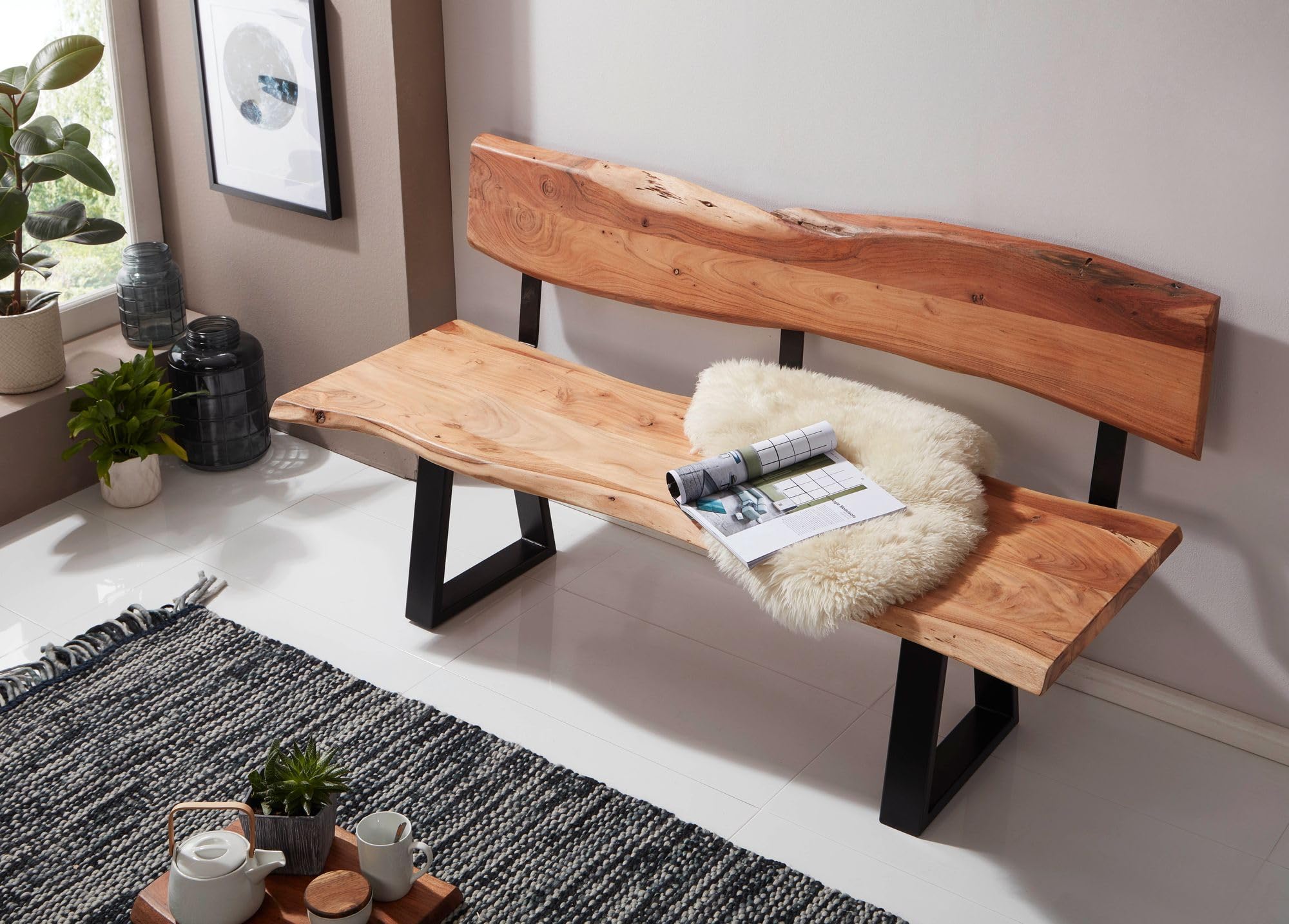FineBuy Esszimmerbank 160x85,5x60 cm Akazie Massivholz Bank mit Baumkante, Sitzbank Holzbank mit Lehne, Küchenbank Essbank Holz Landhausstil, Baumstamm Küchensitzbank 3 Sitzer Massiv Braun