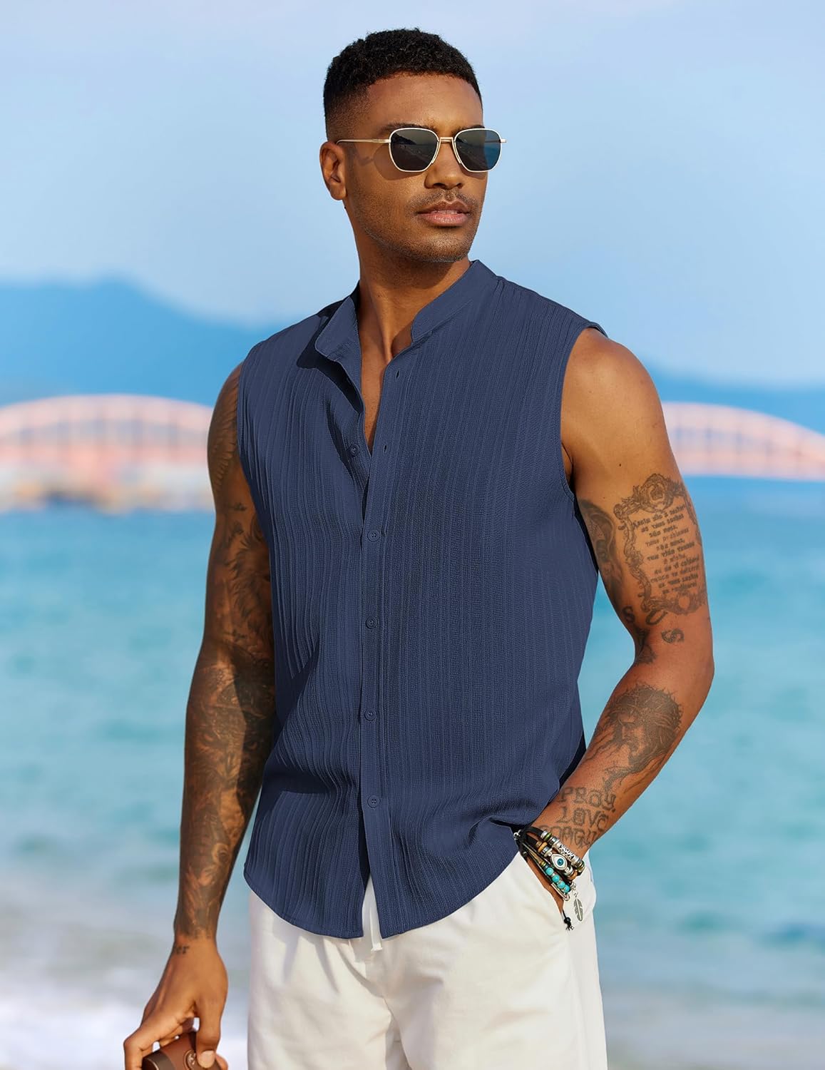 COOFANDY Mens Sleeveless Summer Shirts Beach Tank Tops Button Up Textured Tank Shirt for Vacation - Image 2