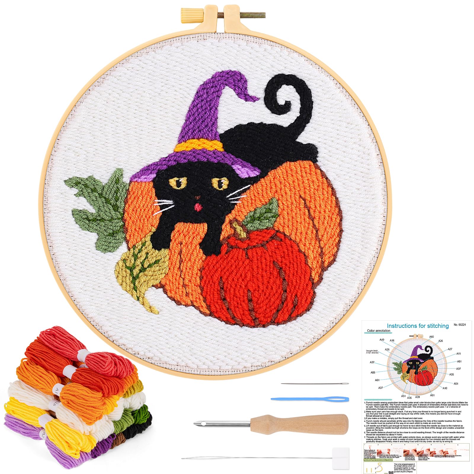 JSRQT Punch Needle Embroidery Starter Kits Halloween DIY Craft Cat Pumpkin Beginner Rug Hooking with Hoops Instructions Rug-Punch & Pinch for Adults — image 1