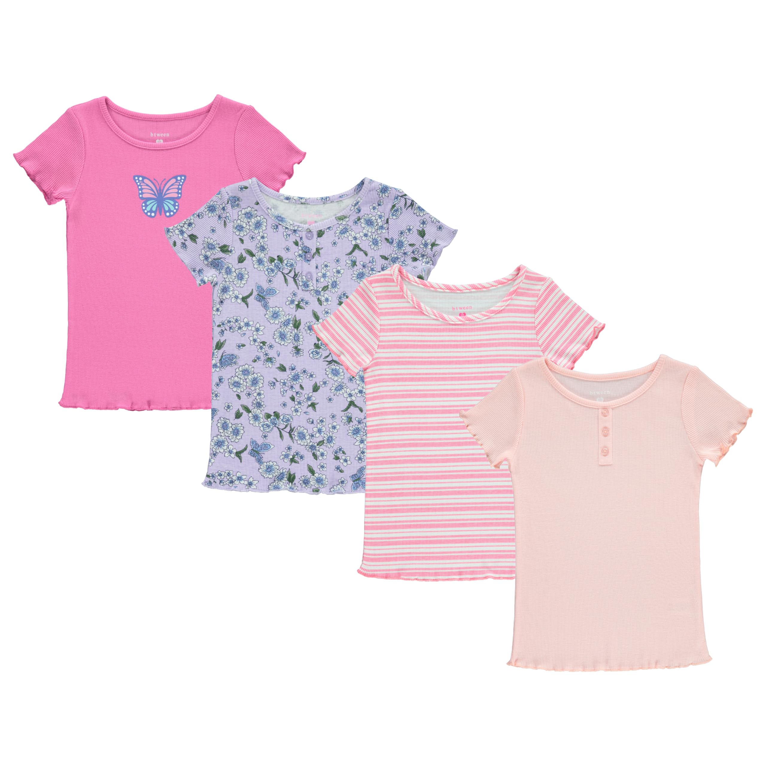 BTween 4-Pack Rib Knit Girls Tops - Short Sleeve Lettuce Trim Ribbed Girl Shirts - Stripe/Floral/Solid