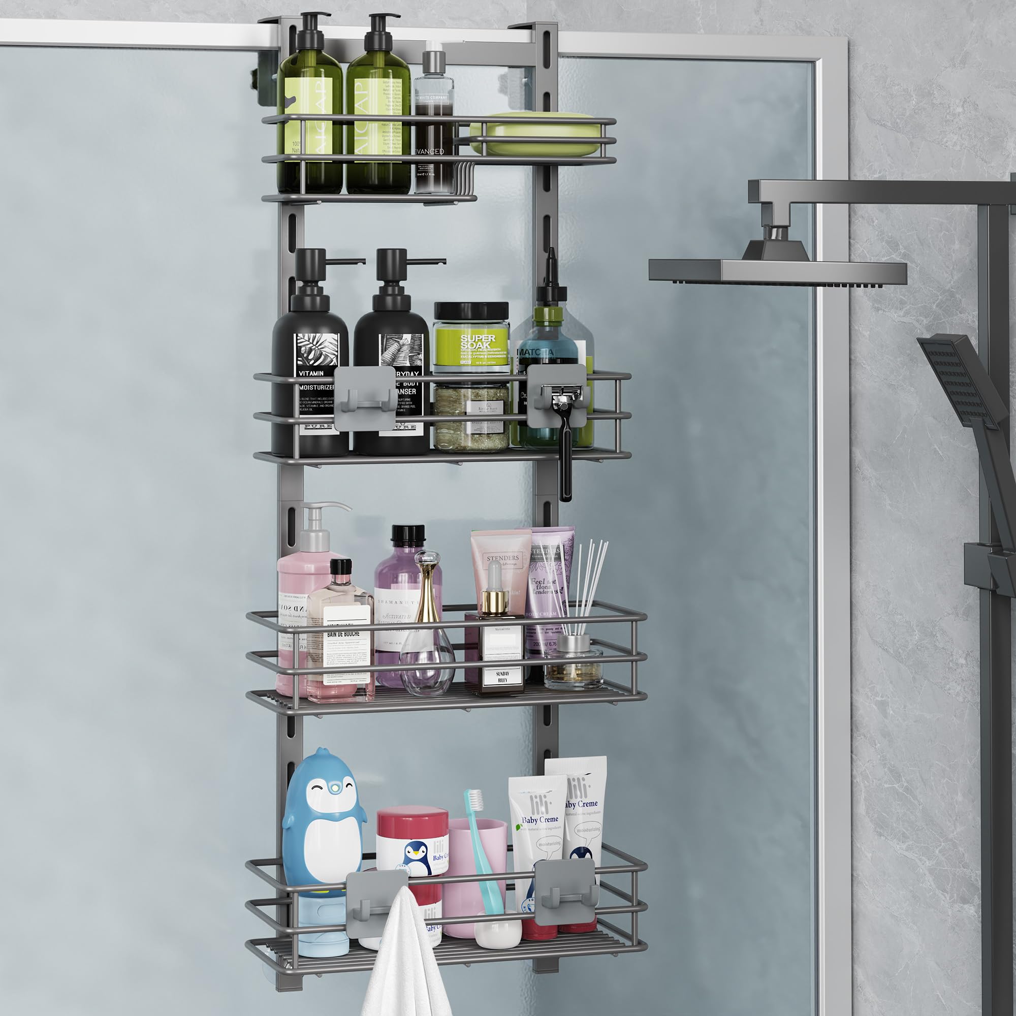 Rangement de douche Orimade gris pour une salle de bain familiale ordonnée