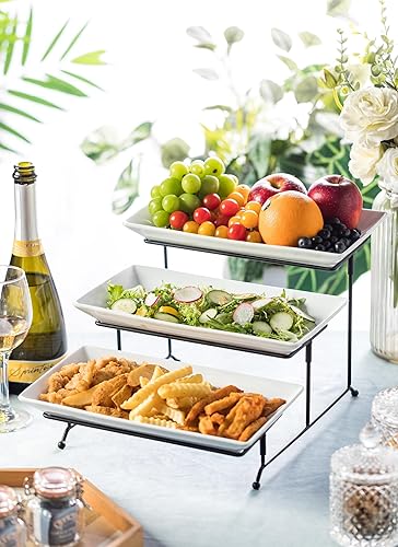 Miniatura 5 de LYEOBOH Juego de soporte y platos escalonados, soporte grande para bandeja escalonada, bandeja para servir de 3 niveles con estante plegable más