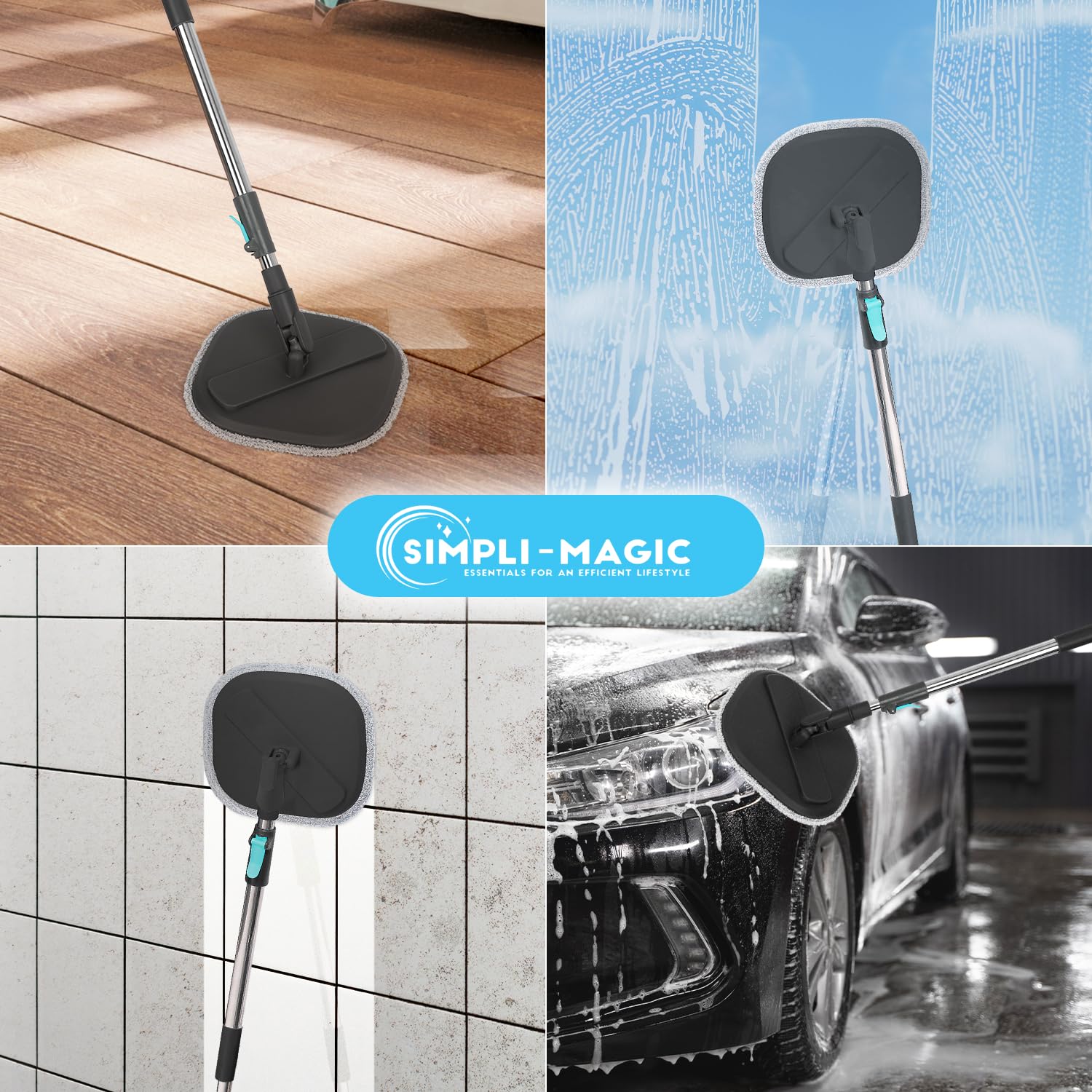 Simpli-Magic Sistema de fregona y Cubo Giratorio, Incluye Cubo de fregona de Giro Cuadrado, Cubo de fregona de Doble Compartimento y 3 Almohadillas Gruesas Lavables a máquina