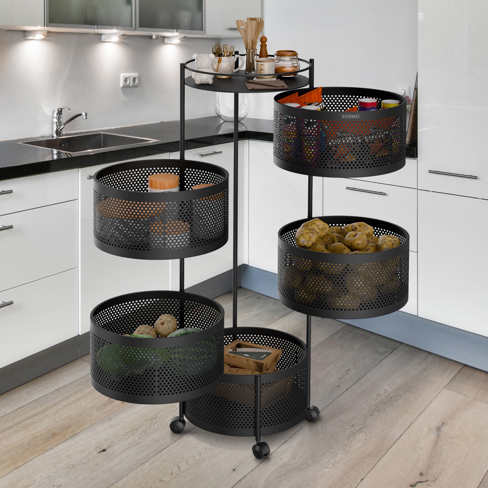 Amazon Brand - Solimo Storage Rack | 5-Layer Revolving Vegetable Kitchen Rack | Round Multipurpose Storage Trolley with Wheels | Metal Fruit Storage Rack | Kitchen Cabinet Spice Rack | Black-image-38