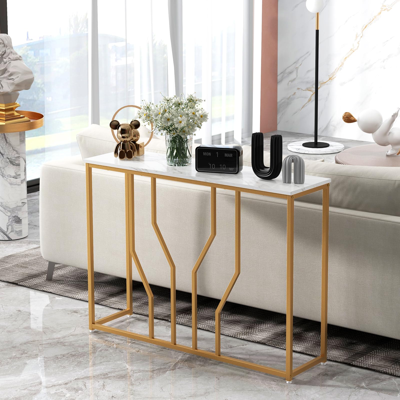 COSTWAY Tavolo Consolle 110cm, Tavolo da Ingresso con Piano Effetto Marmo, Struttura in Metallo, per Soggiorno, Corridoio, Ingresso