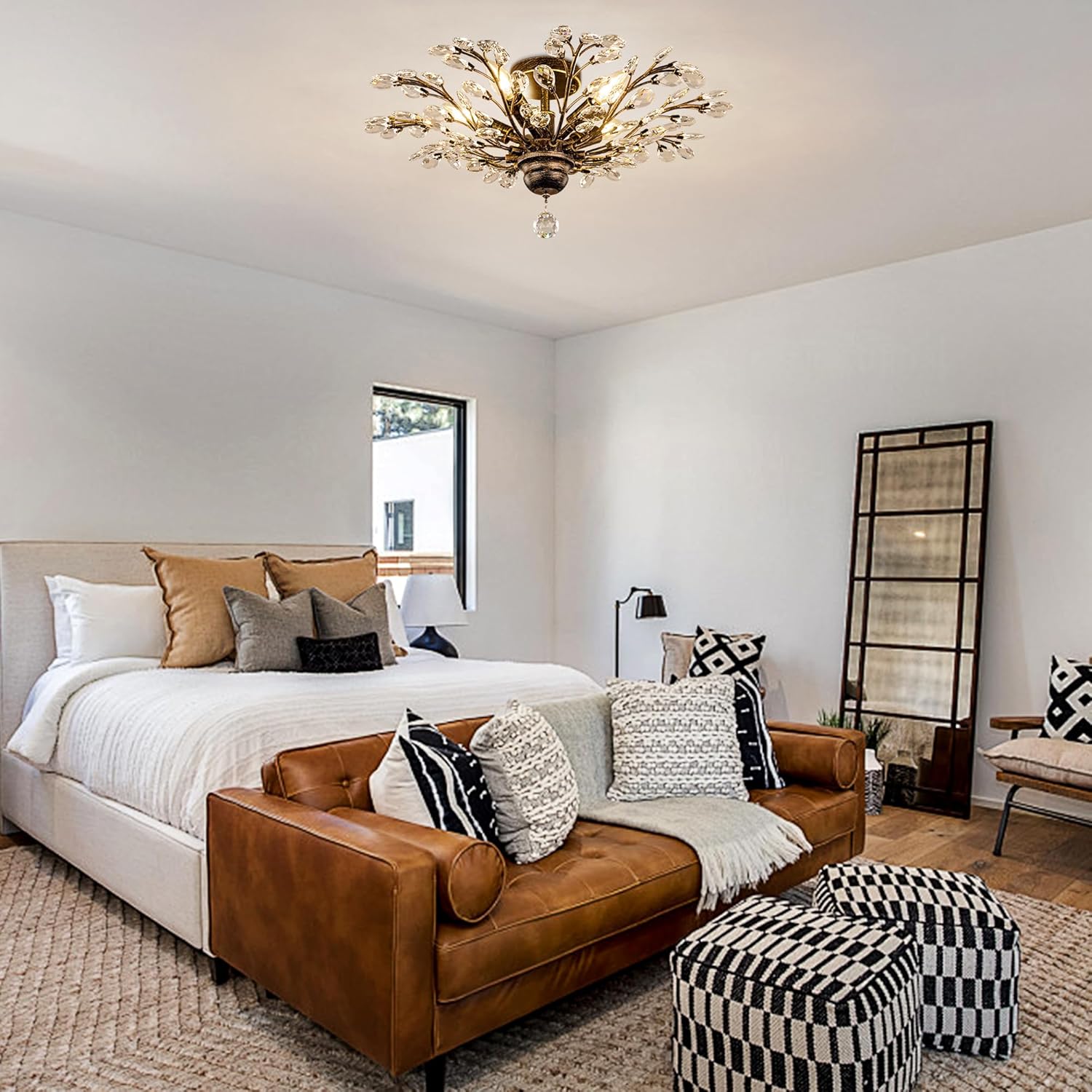 Wellmet Vintage Crystal Ceiling Light Fixture, 5 Lights Bronze Semi Flush Mount Ceiling Light Fixture, Modern Farmhouse Chandelier for Dining Room, Bedroom, Bathroom, Entryway, Hallway, W-24in