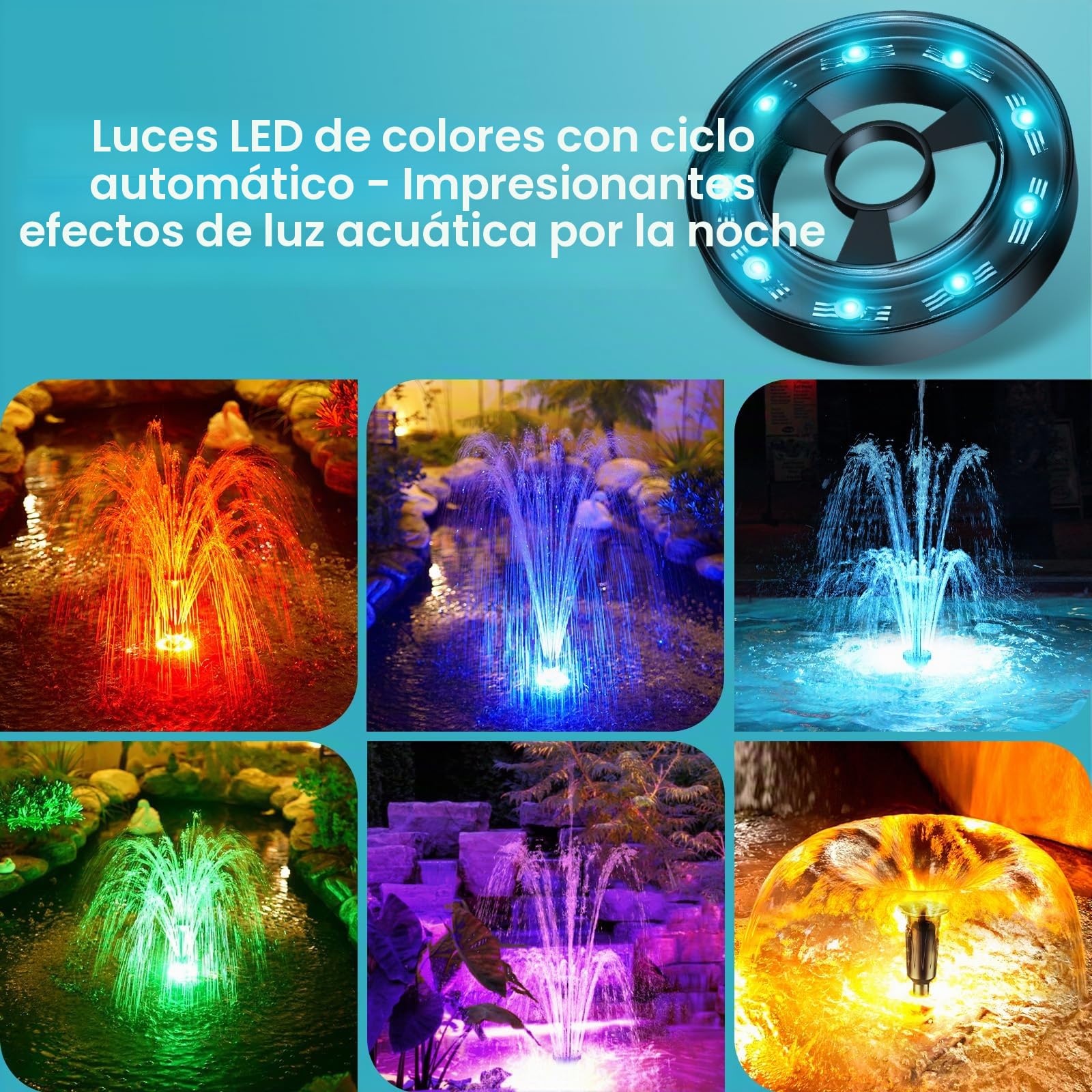 POPOSOAP Conjunto de Fuente RGB para Estanque y Filtro, Bomba de Filtro 2500L/H con Luces LED RGB de Ciclo Automático, Caudal Ajustable, Elemento de Agua Exterior para Jardín (Eléctrico con Cable)