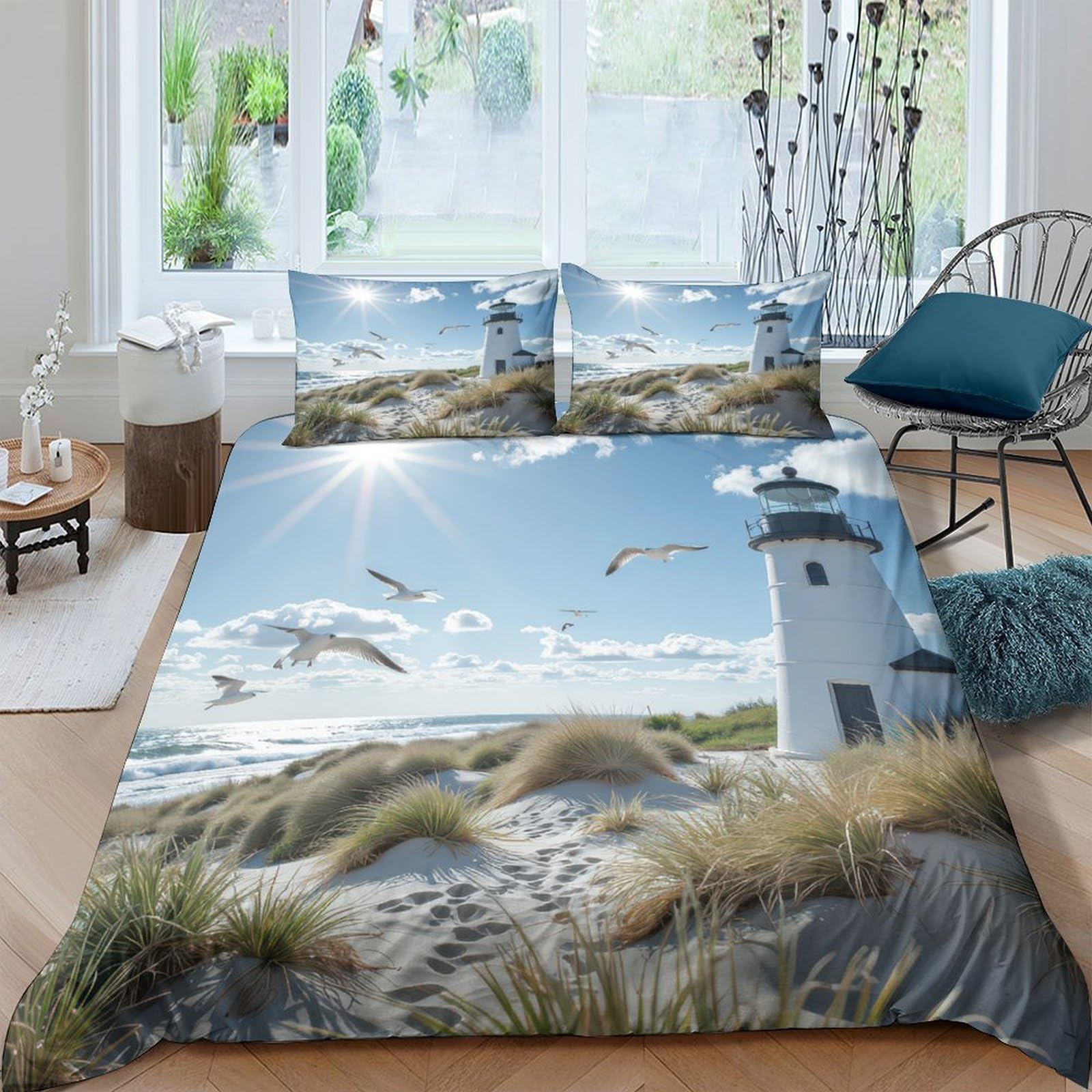 Ctjqhvkz Style-10 3D Printed Lighthouse Beach Fitted Sheet Microfiber Seaside Seagull Mattress Cover Bedroom Guest Room Decor Easy Care Single（135X200cm）
