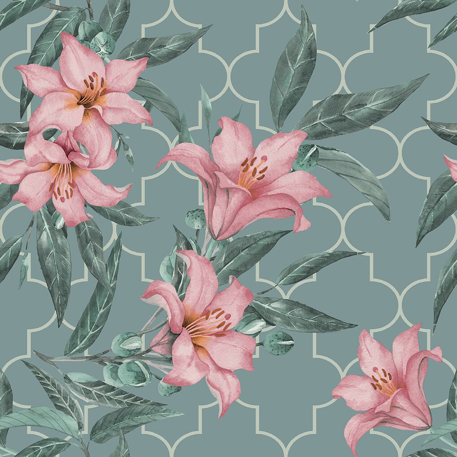 Exclusive Lilies Floral Soft Teal Pink Botanical Floral Wallpaper (AL1062 - Verdian Green)