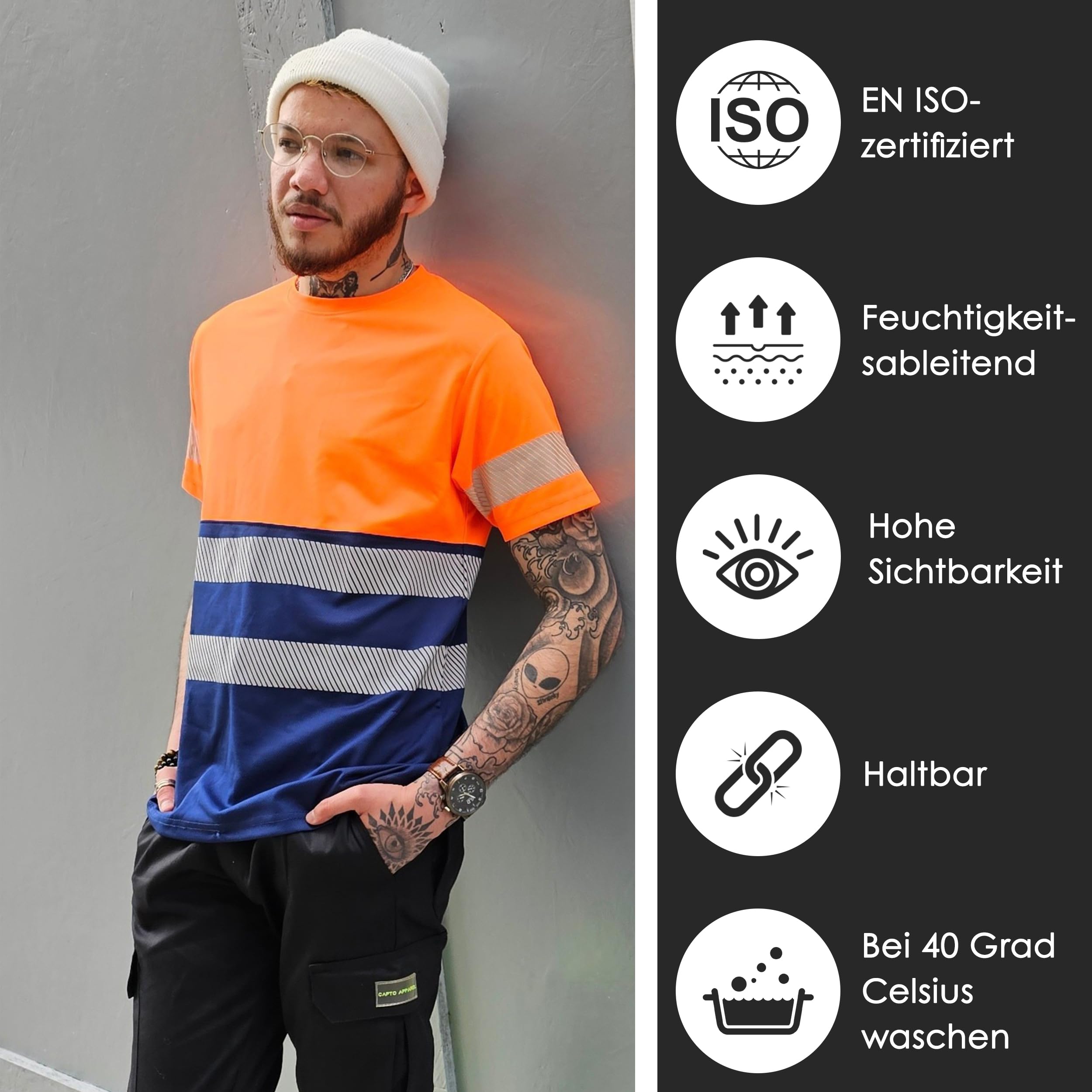 T-Shirt Haute Visibilité - Réfléchissant - Tee-Shirt de Protection de Sécurité - Avertissement - Hi-Vis - Orange/Marine - L