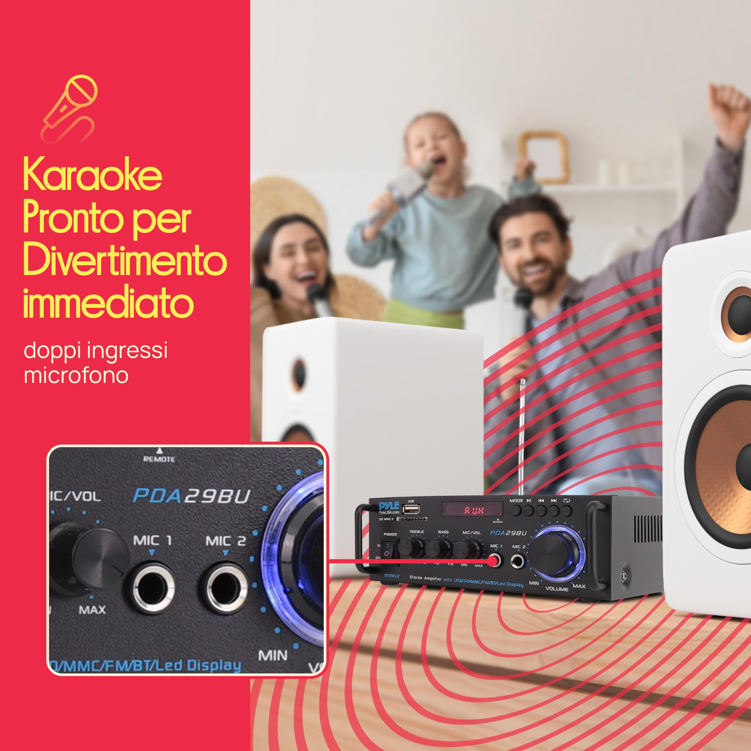 Pyle Preamplificatore Phono, Amplificatore Audio Stereo Wireless Bluetooth 200 Watt, Doppio Canale, RCA, USB, SD, Microfono, Radio FM