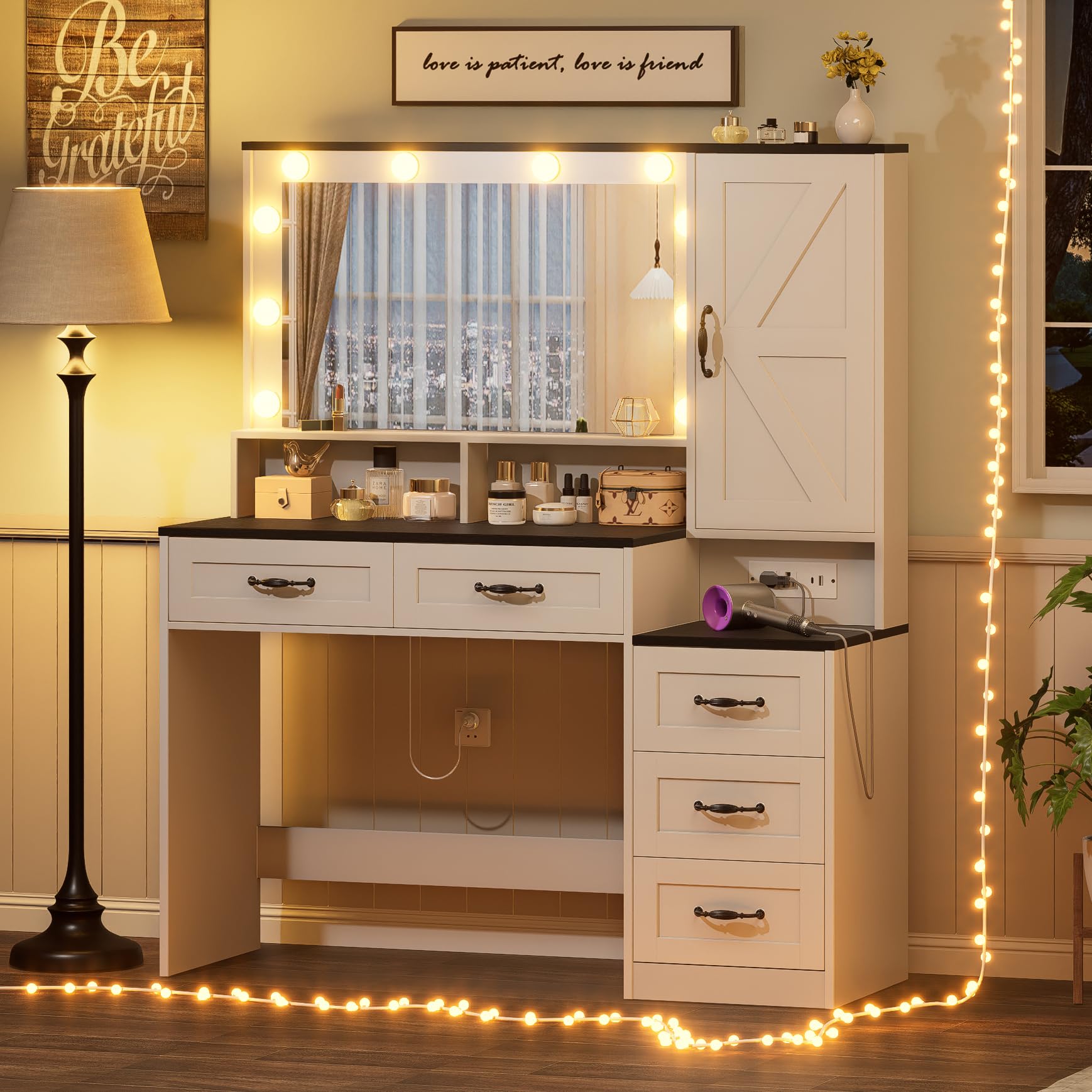 DDONGMM Farmhouse Vanity Desk Makeup Table with Mirror and 10 Lights, 45.3" Large Vanity Desk with Power Outlet, 5 Drawers, 1 Cabinet & 9 Jewelry