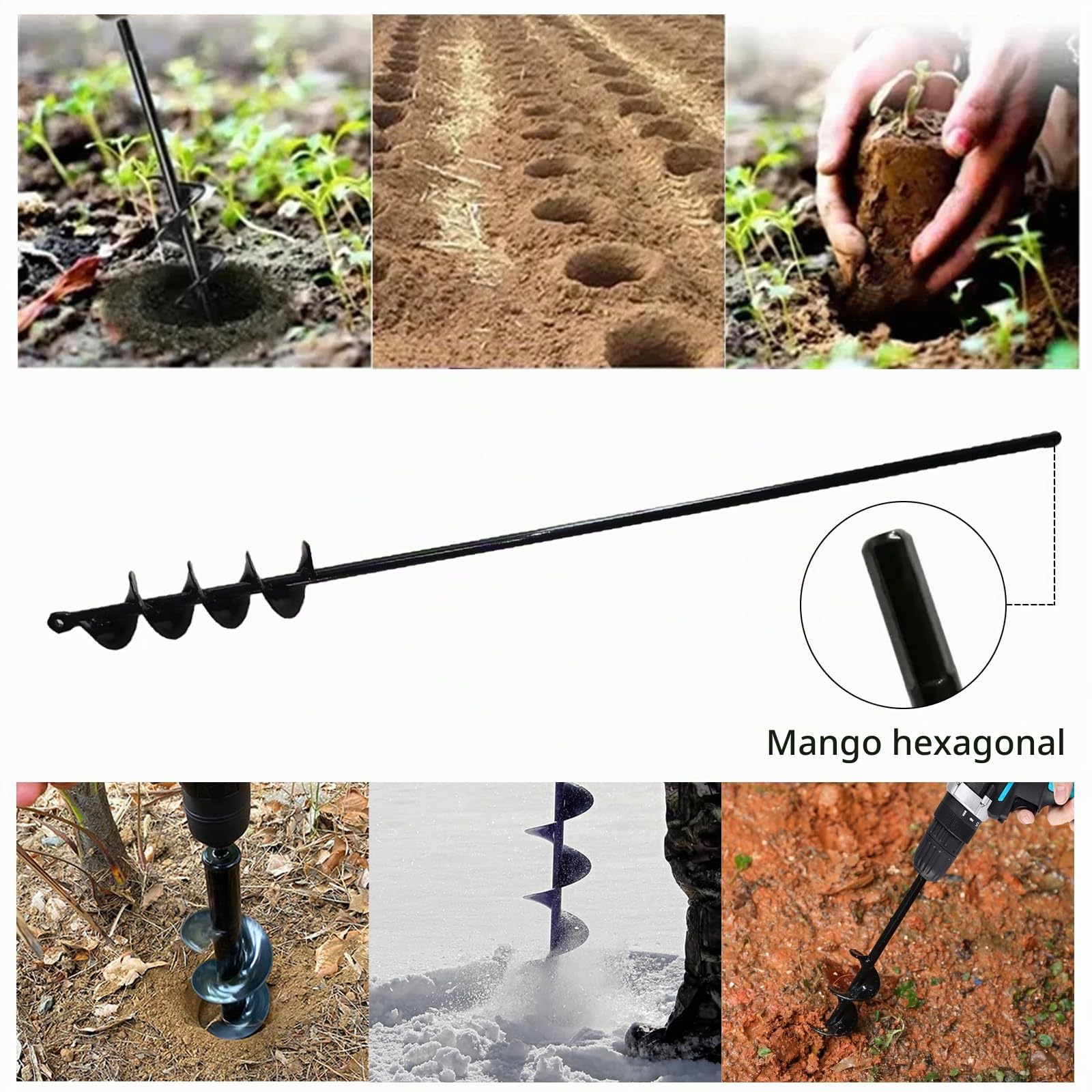 Broca de jardín para taladro, con guantes de jardín, taladro en espiral, inalámbrico, para destornillador inalámbrico (5 x 75 cm)