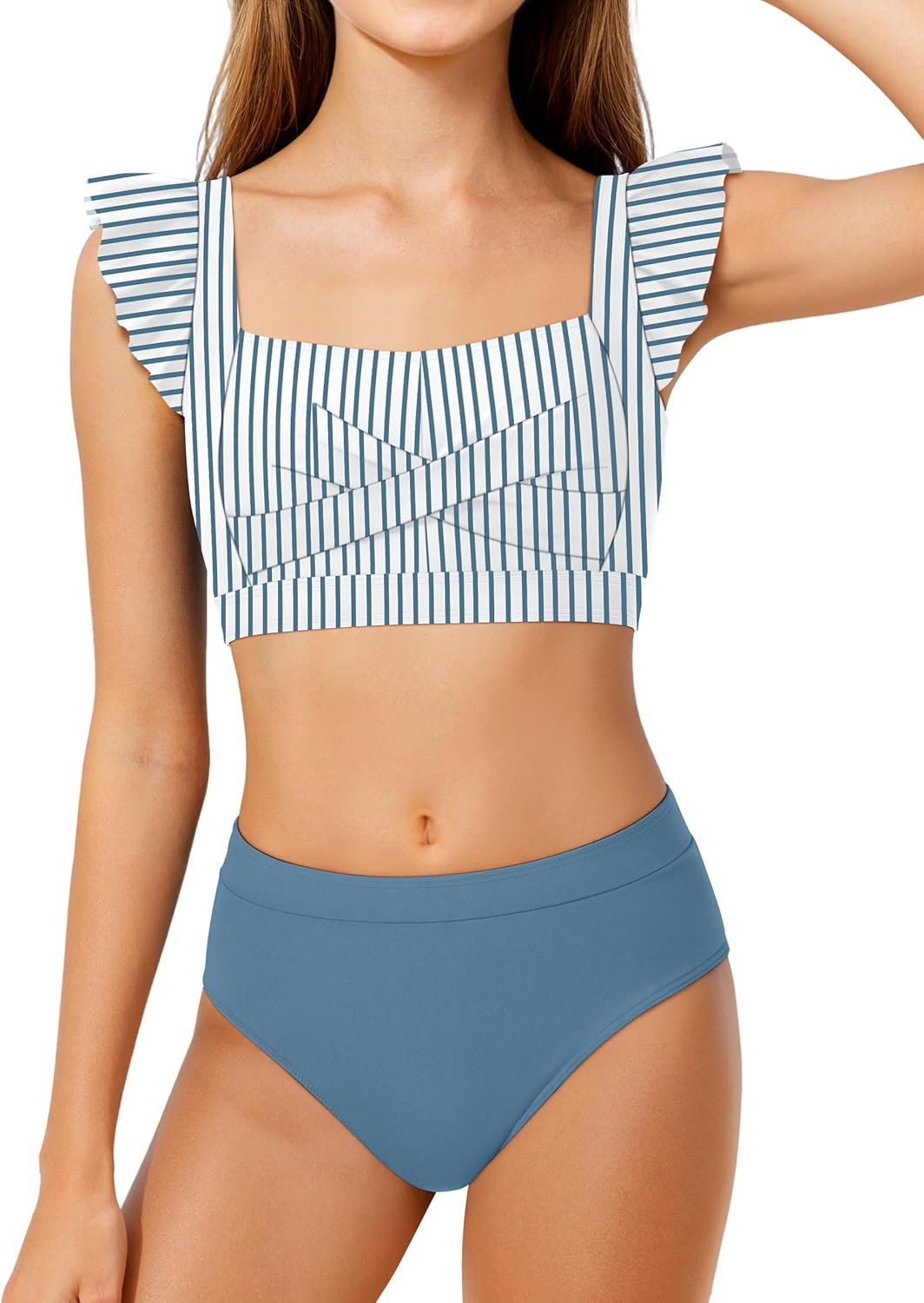 Girls Swimsuit 2 Piece RuffleTrim Square Neck Ruched Bikini Adjustable Straps Criss Cross Bathing Suit for Girls 9-16Y