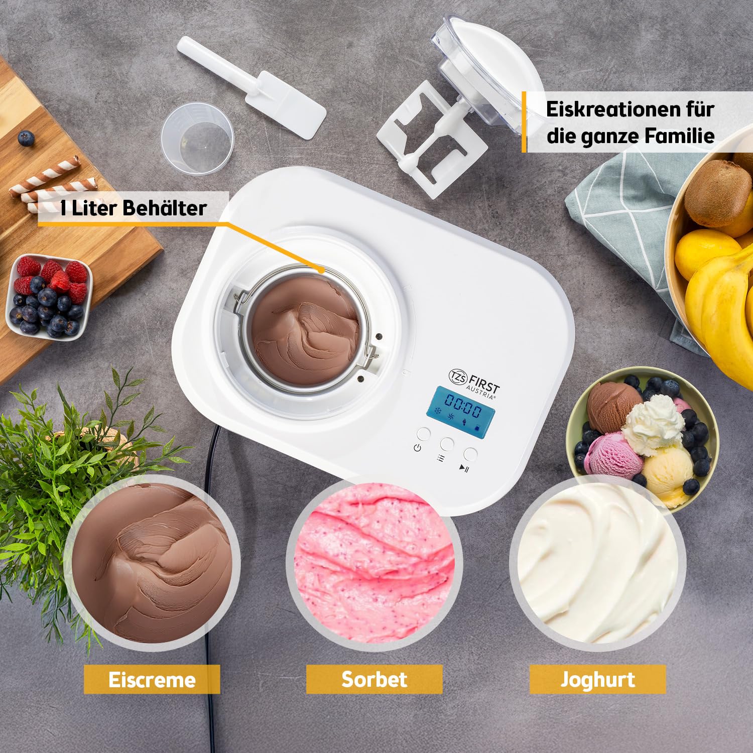 TZS First Austria Eismaschine 1L mit Kompressor 3 in 1 Ice Cream Maker 100W selbstkühlend Weiß