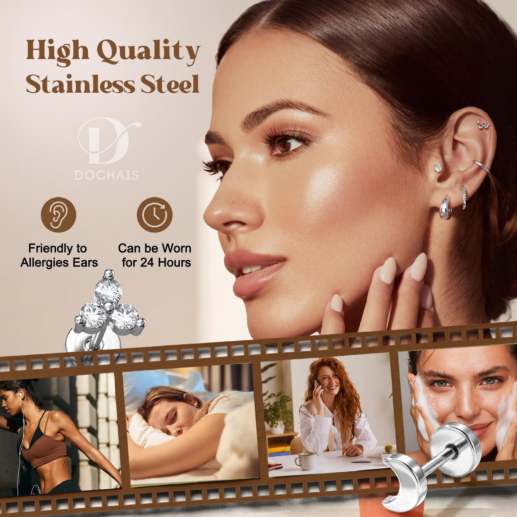 Dochais 12 Paires Boucles d'Oreilles Femme Acier Chirurgical 316L Or Argent Hypoallergéniques Boucles d'Oreilles Créoles Petites Lot Boucle d Oreille Helix Cartilage Conch Piercing Oreille Bijoux