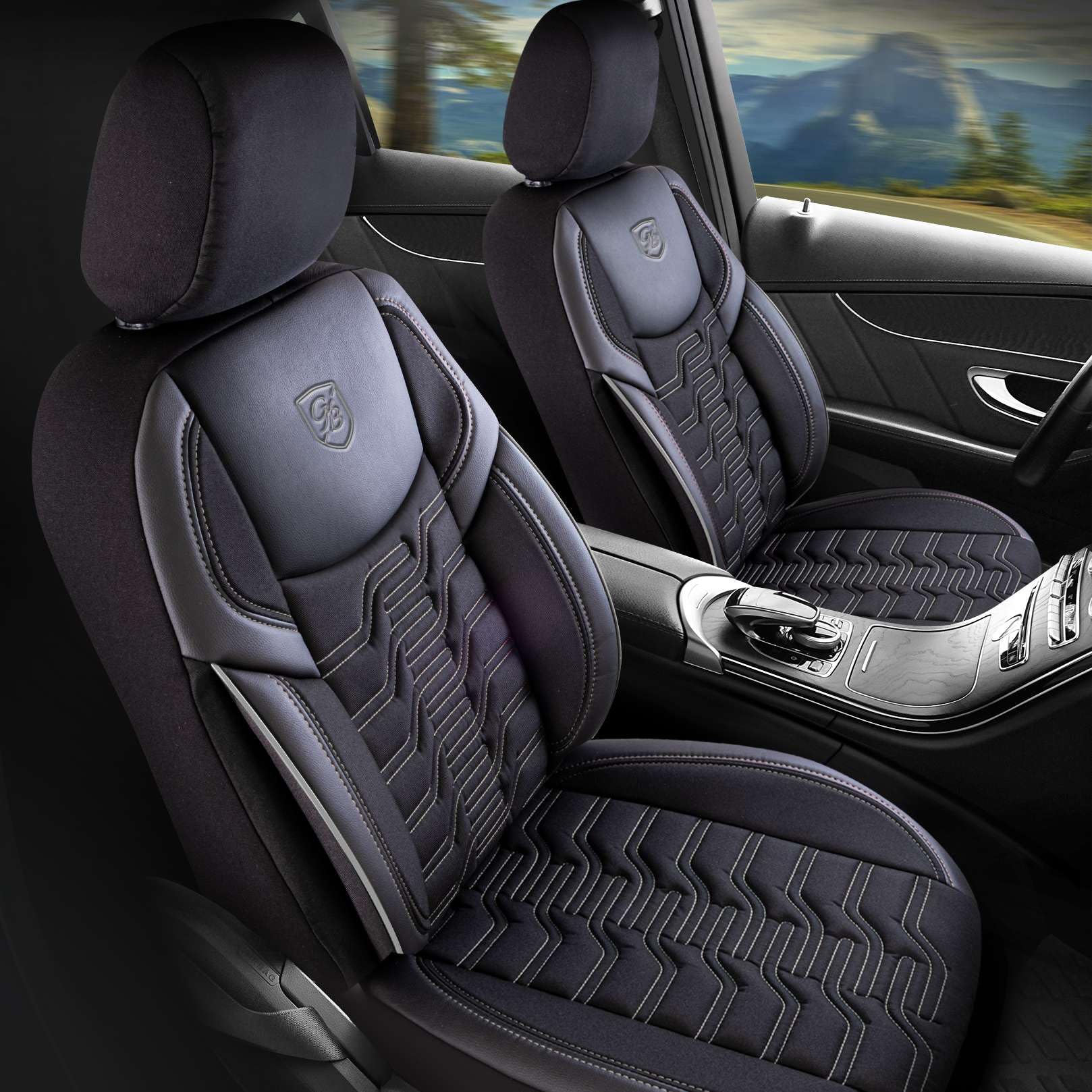 Autositzbezüge – Premium Autozubehör Innenraum für Opel Corsa-E 2014-2019 – Jacquard, Autoschonbezug Auto, Airbag-kompatibel, Schwarz-Grau, Vordersitz-Set inkl. Montageset