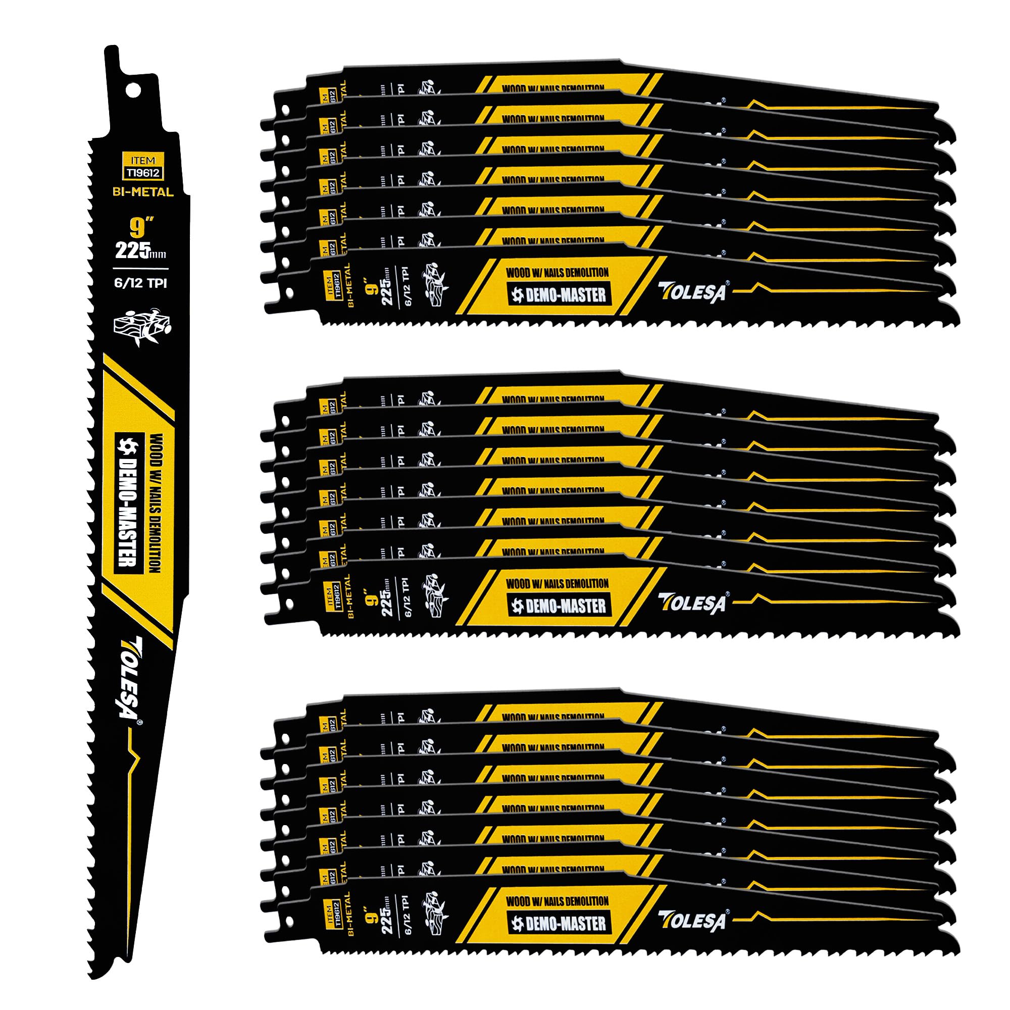 TOLESA 9 Inch 6/12 TPI Reciprocating Saw Blades for Wood and Nail-Embedded Wood Demolition, 25 Pack Bi-Metal Reciprocating Saw Blade for Fast & Smooth