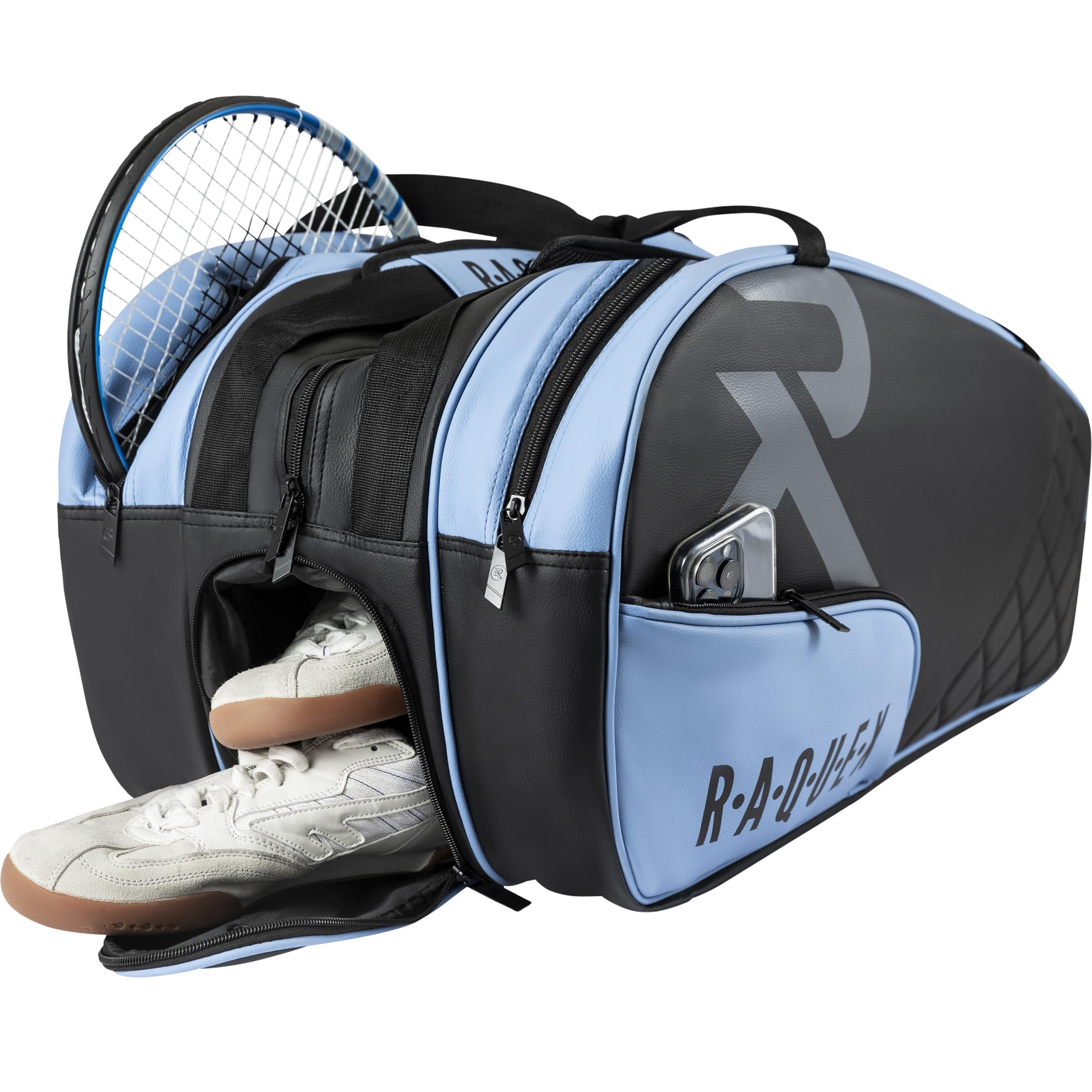 Raquex Elite - Borsa per 6 racchette da tennis, in pelle sintetica, trapuntata, con fodera termica, scomparto per scarpe, badminton, squash, per uomo e donna
