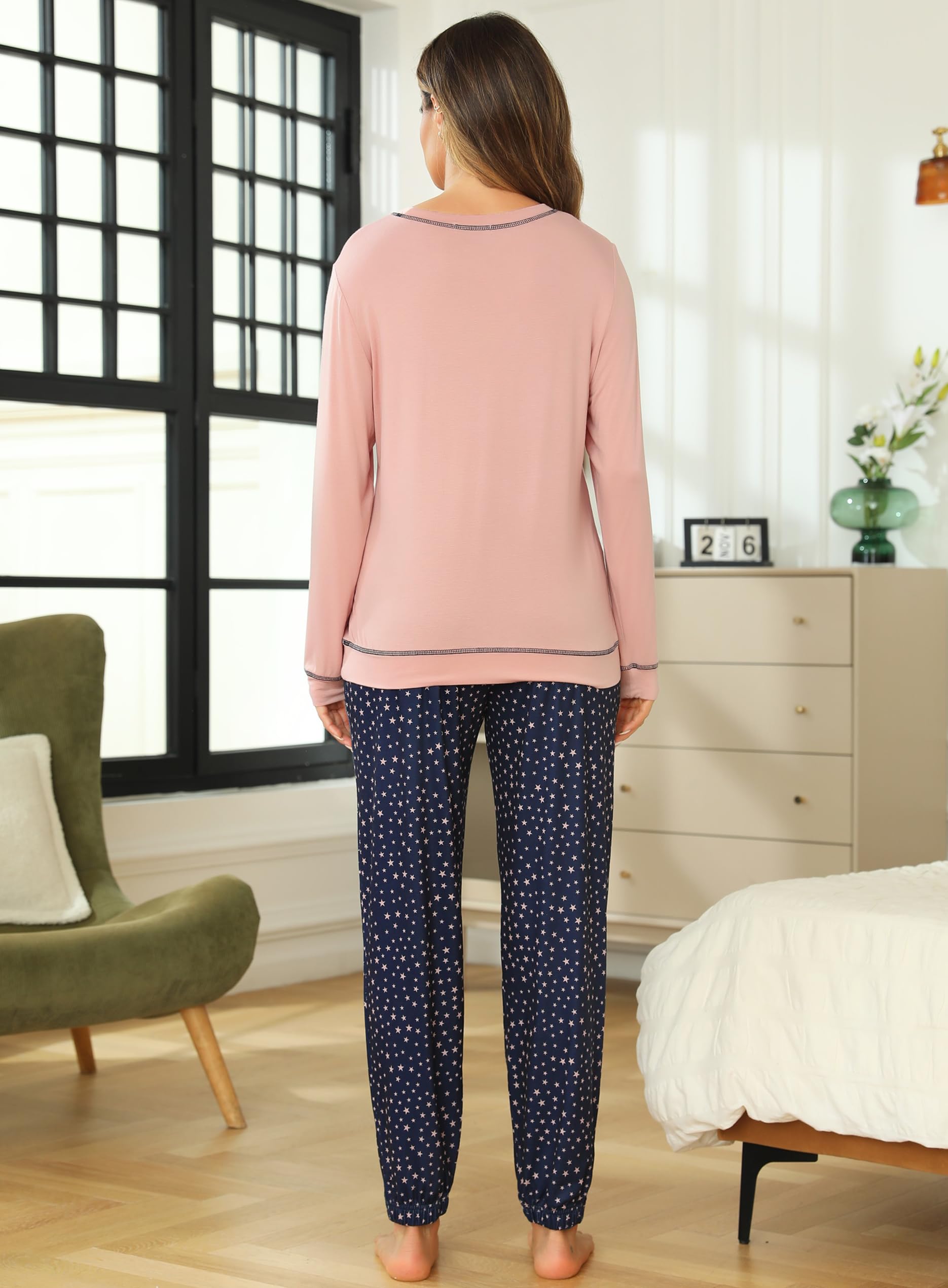 Lovasy Pigiama Donna Manica Lunga Pantaloni Lunghi Casual Scollo a V Top con Motivo a Pois Carino con Tasca Due Pezzi