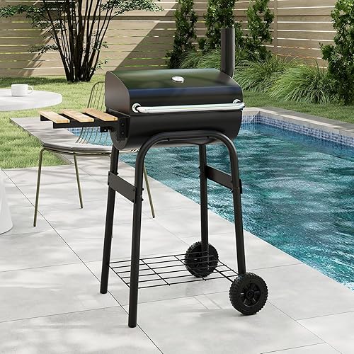 Miniatura 2 de Giantex Parrilla de carbón portátil con mesa auxiliar plegable, parrilla para ahumar barbacoa al aire libre con ruedas, termómetro, ventilación de