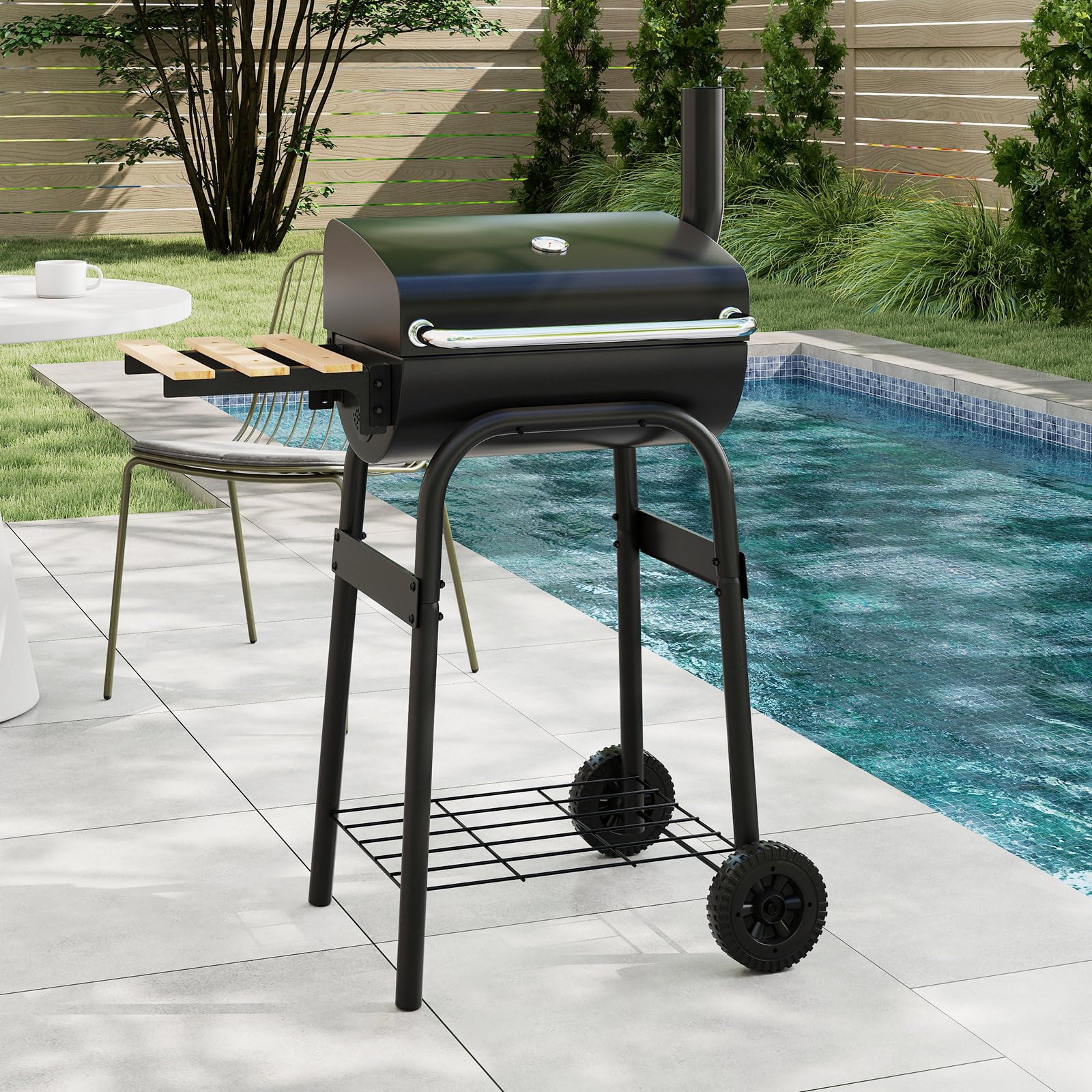 COSTWAY Barbecue a Carbonella con Ruote, Griglia a Carbone da Esterno con Coperchio, Termometro, Tavolo Pieghevole e Manico in Acciaio Inox, Barbecue Portabile per Giardino, Campeggio e Picnic