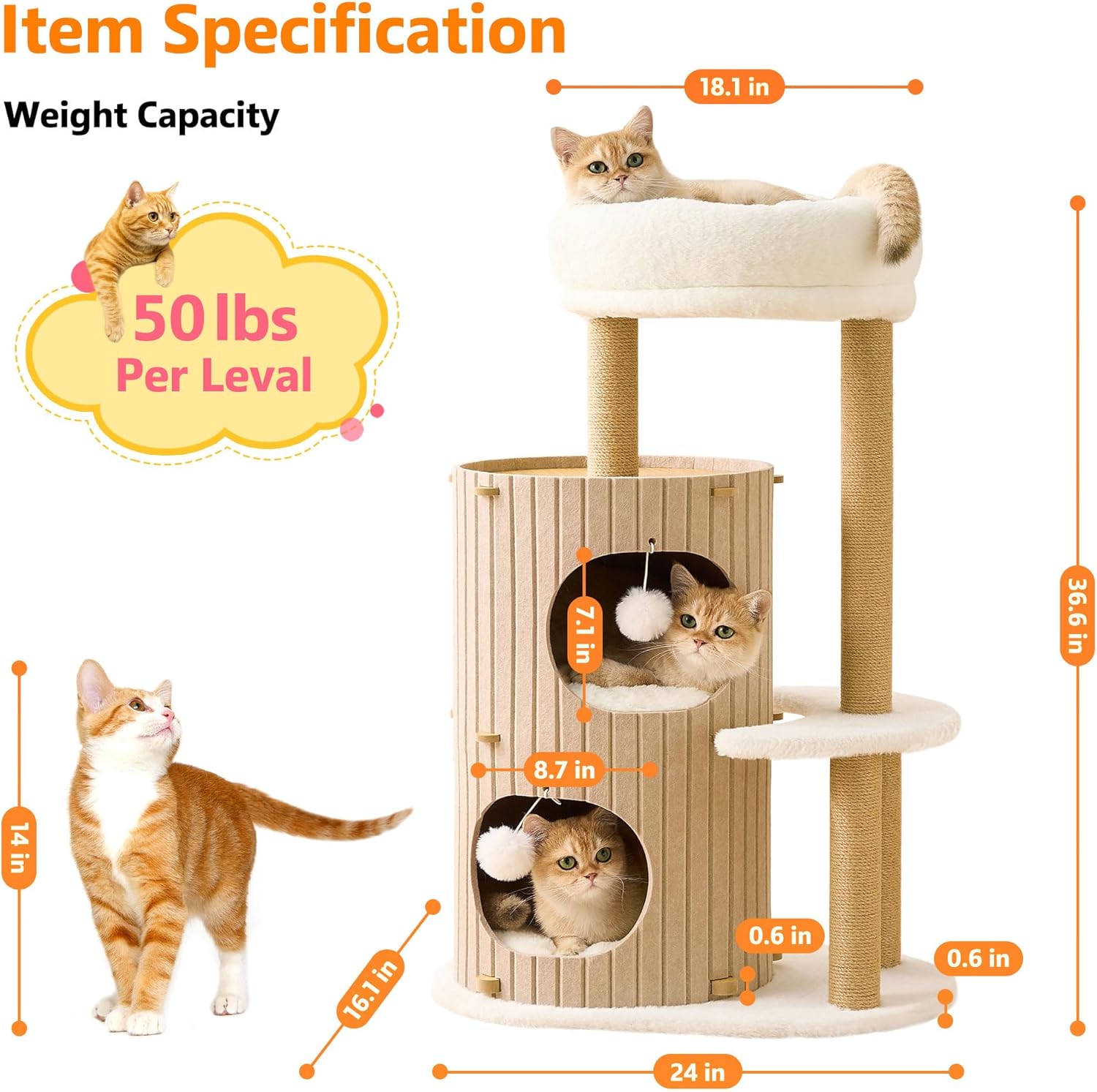 Modern Cat Tree for Indoor Cats Large Adult, 36in H Cat Tree Tower with Scratching Posts, Cozy Cat Bed Cave, Washable Cushions, Dangling Balls, Play&Nap Cat House Condo for All Breeds, Brown