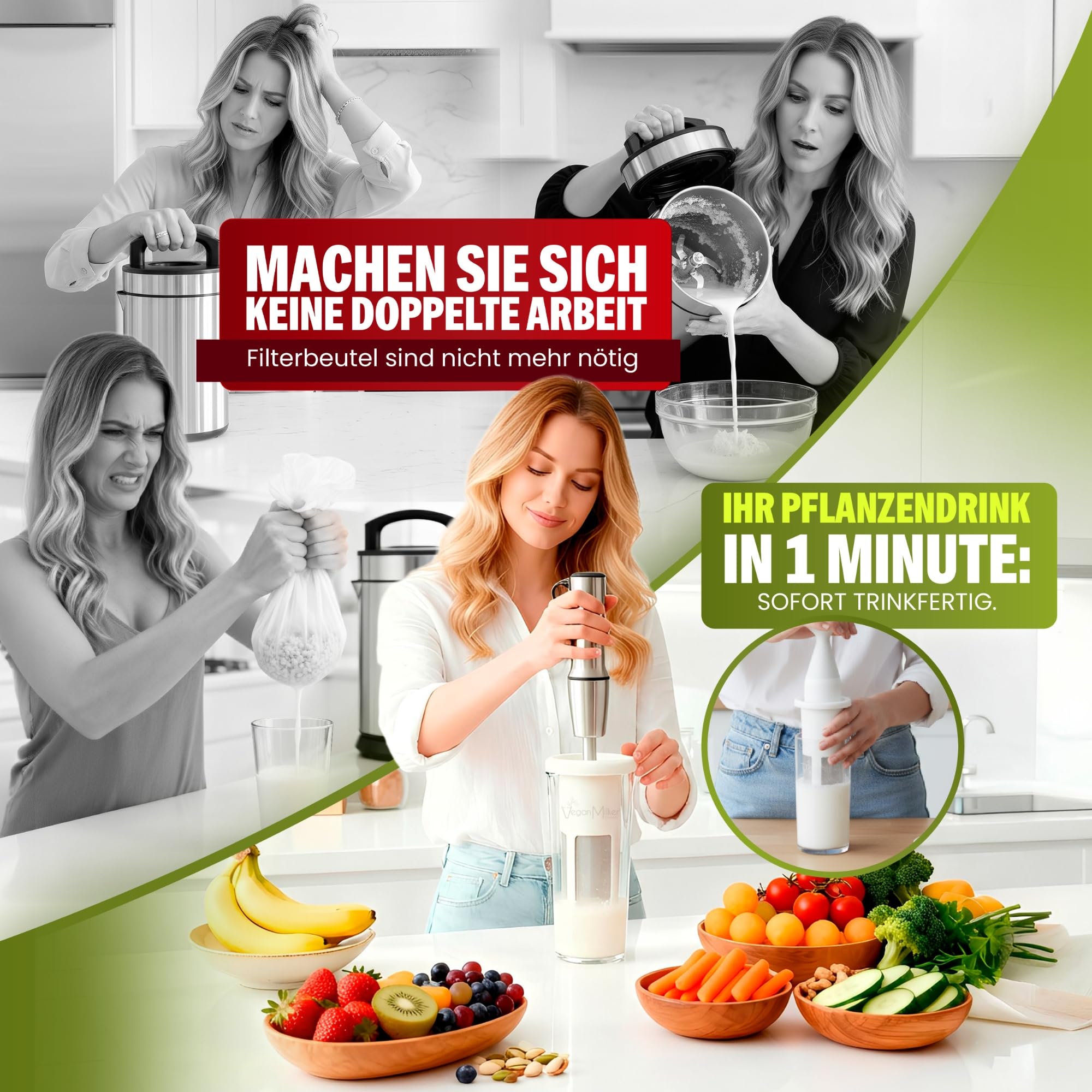 Vegan Milker Classic Pflanzenmilchbereiter Maker - Pflanzenmilch Machine Mandelmilch, Sojamilch und Reis | 1L in 1 Minute 100% Natürlich mit Filter | Kompatibel mit Stabmixer | Klassisch Weiß