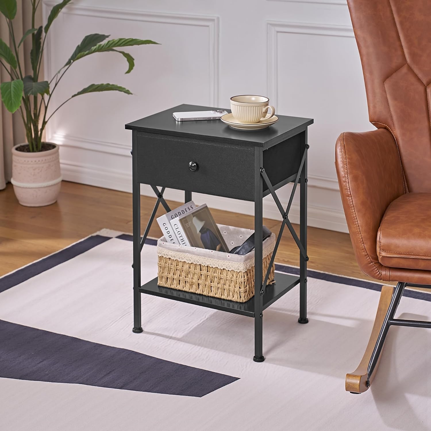 VECELO Nightstand Set of 2, X-Design End Side Table with Fabric Storage Drawer and Open Shelf, Bedside Night Stand with Steel Frame for Bedroom, Living Room,Dorm, Easy Assembly,Classic Black