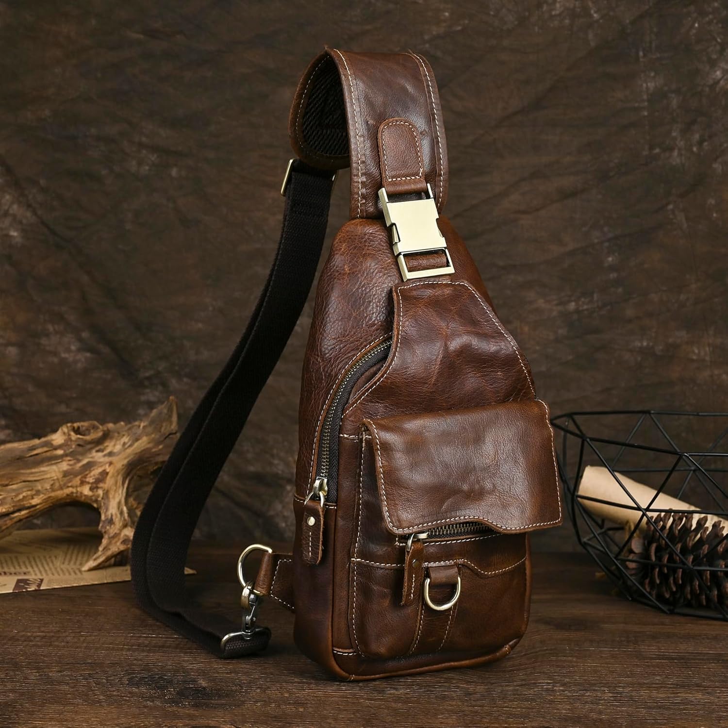 Genuine Leather Hiking Travel DayPack Sling Crossbody Triangle Chest Pack Bag For Men Women 8241 - Image 7