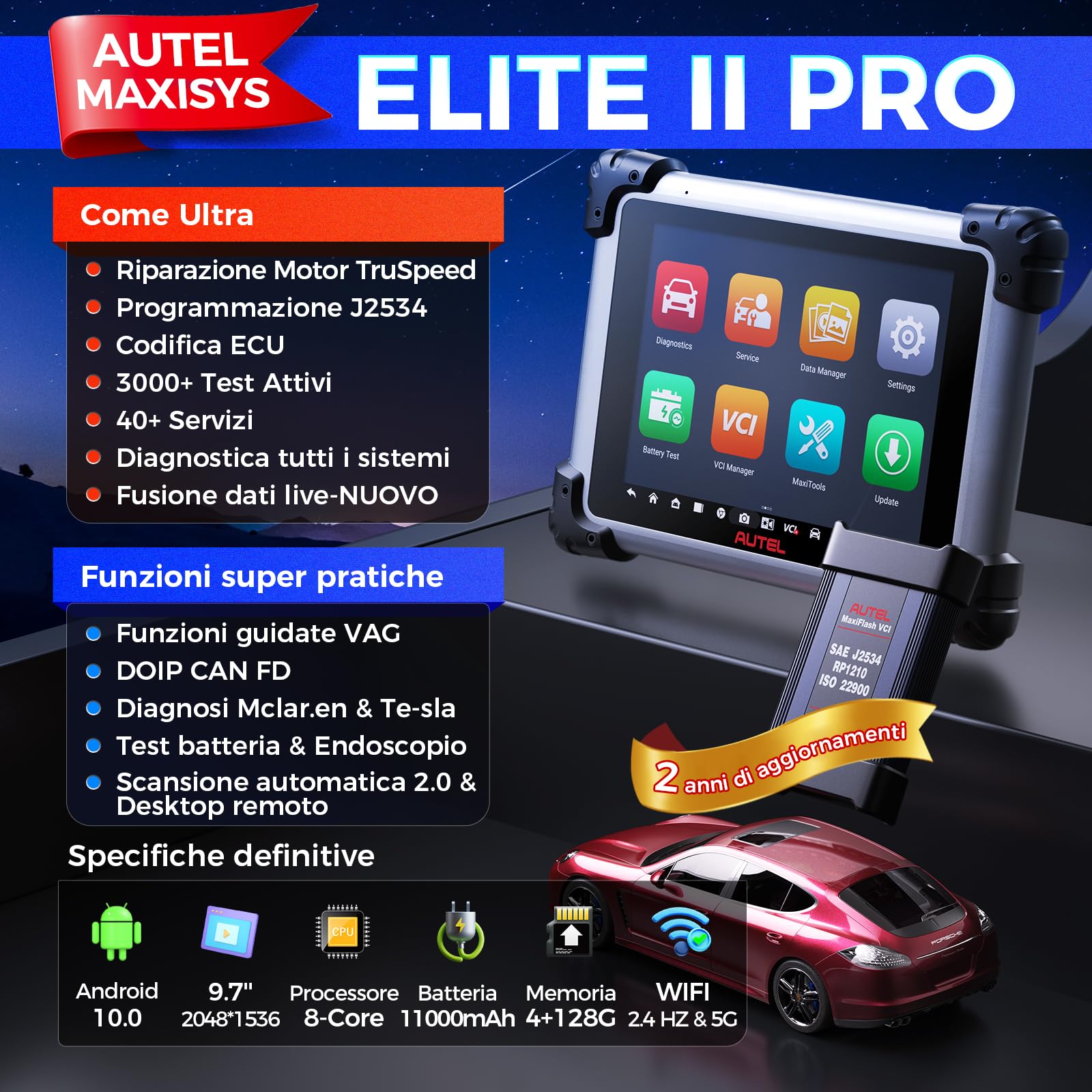 Autel MaxiSYS Elite II PRO OBD2 Auto Diagnostica: 2 Anni Aggiornamento[€2590] Diagnosi Auto Professionale, J2534 Programmazione e Codifica, Su di MS908S Pro II, 40+ Servizio, 3K+ Test Attivi, FCA SGW