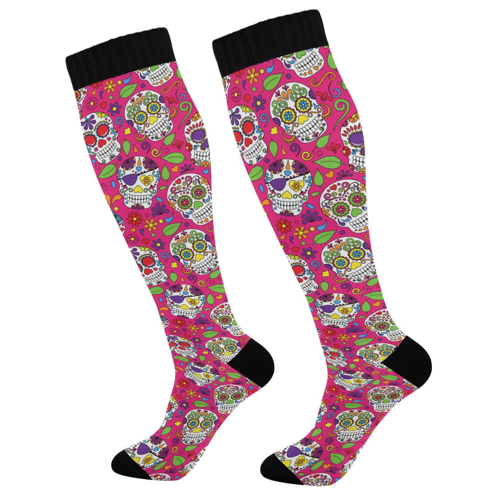 Wusikd Sugar Skull Compression Socks for Women and Men Circulation Pink Long Socks for Athletic Running 2
