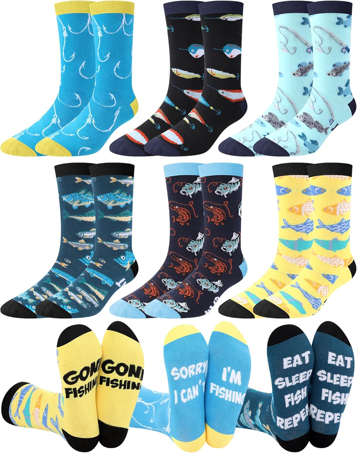 Eurzom 6 Pairs Novelty Fishing Socks for Men Funny Fish Theme Crew Socks Birthday Valentine Gifts for Fisherman Fishing Lover