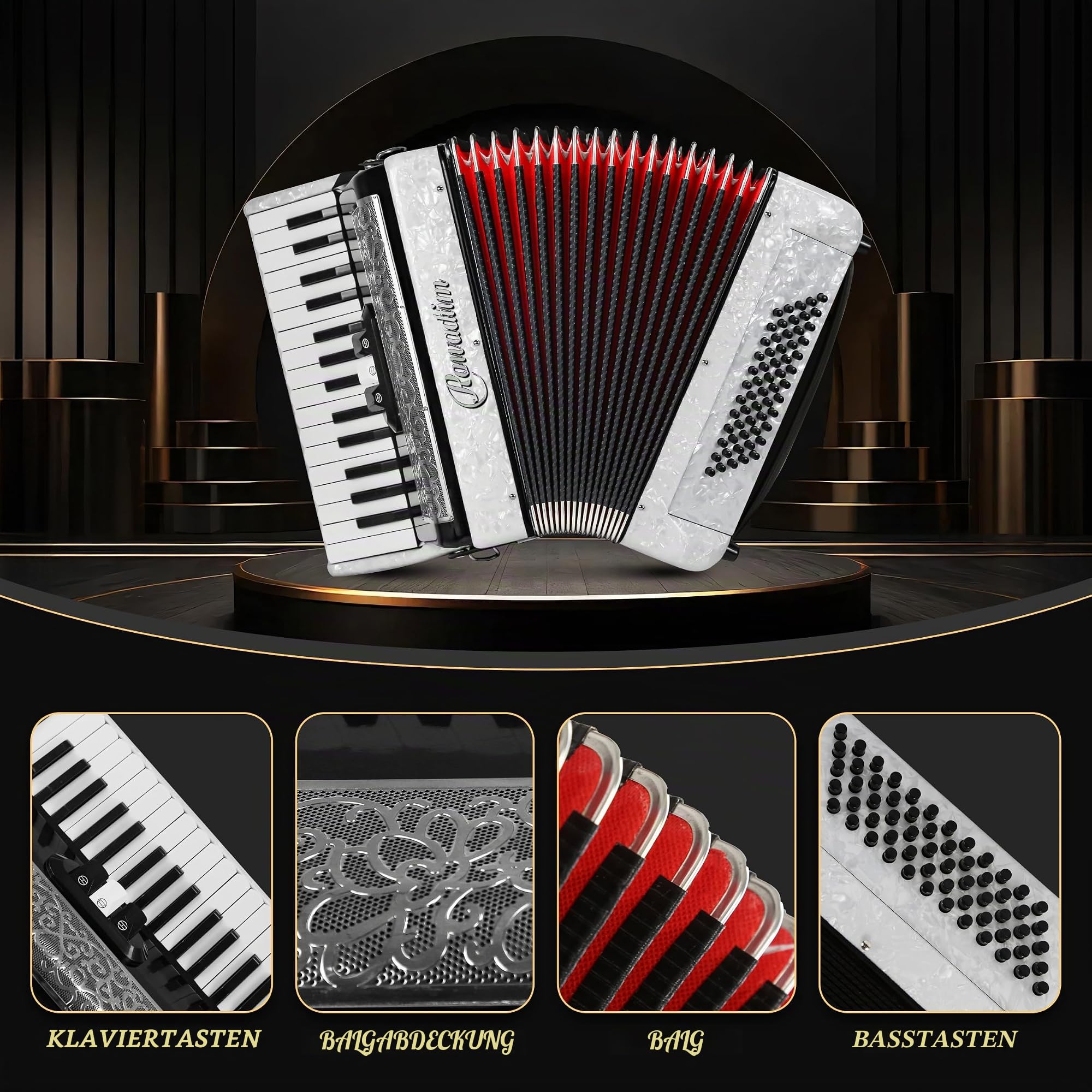Akkordeon - 30 Tasten 60 Bass Professionelles Keyboard mit Rucksack & Gurt, ideal für Anfänger, Erwachsene, Studenten & Musikliebhaber (Weiß)