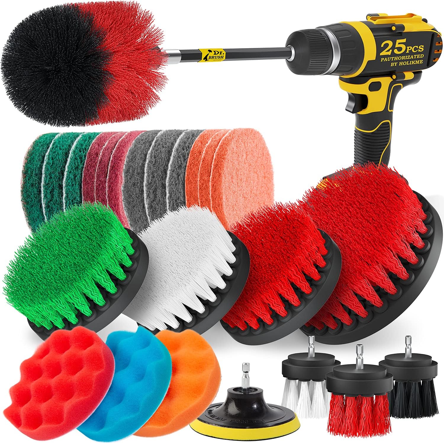 Holikme 25Piece Drill Brush Attachments Set,Scrub Pads & Sponge, Power Scrubber Brush with Extend Long Attachment All Purpose Clean for Grout, Tiles, Sinks, Bathtub, Bathroom, Kitchen : Health & Household