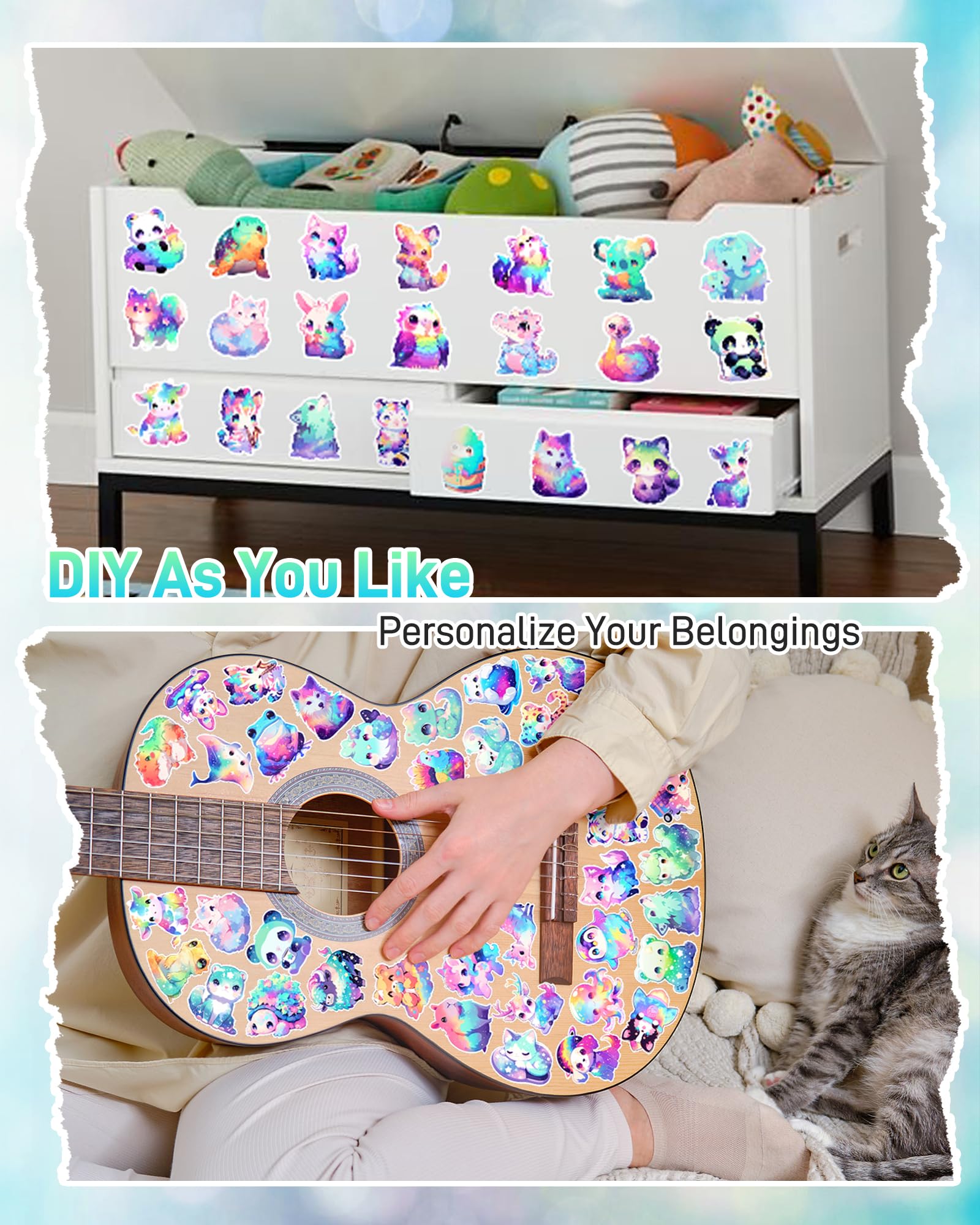 Zestaw 100 uroczych tęczowych naklejek ze zwierzętami, dla dzieci, dziewcząt, nastolatków, kawaii, wodoodporne winylowe naklejki na butelkę wody, estetyczna kreskówka zwierzę naklejka na laptopa