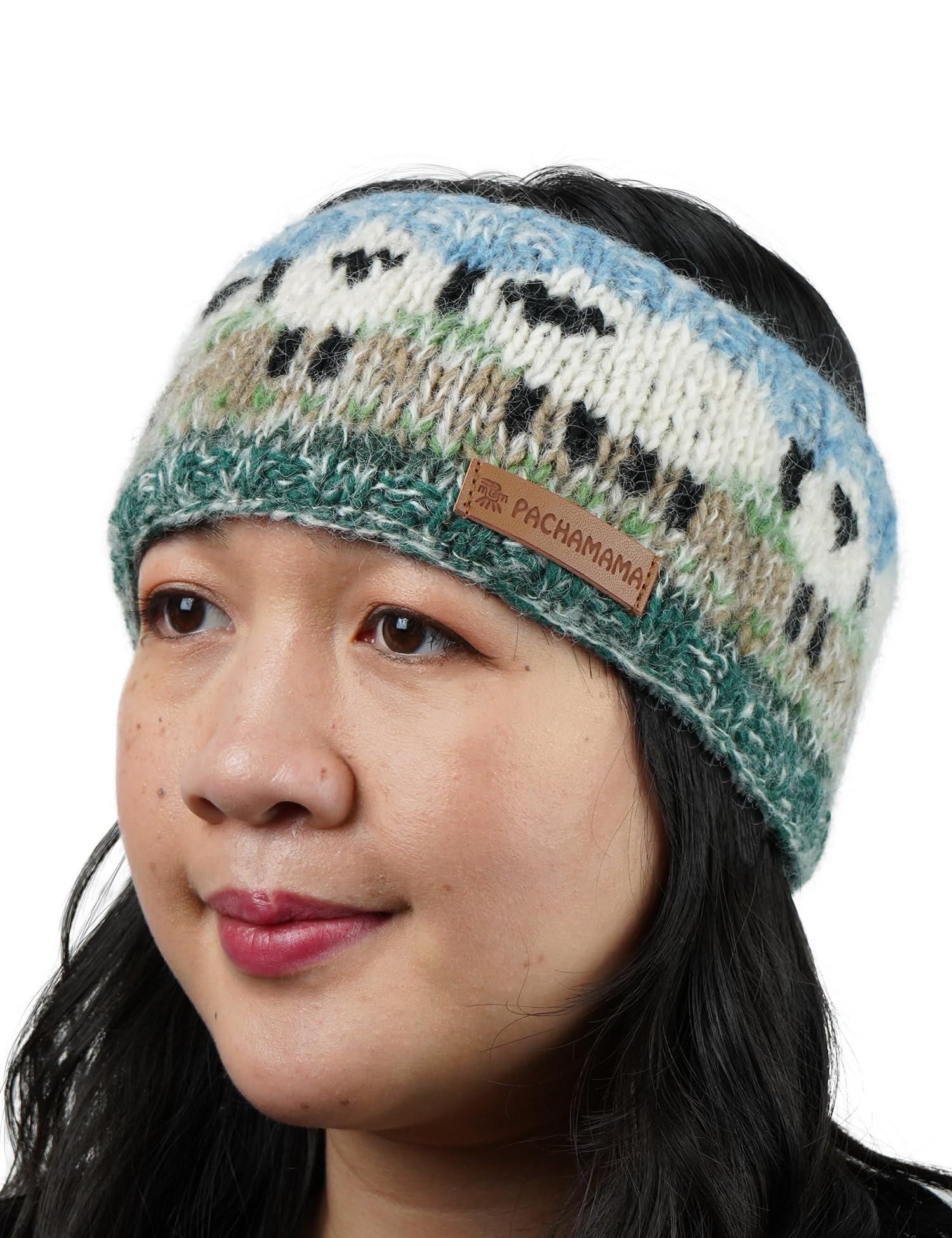 Pachamama Women Wool/Mohair Ear Warmer Headband Sherpa Fleece Lined Handknitted Sheep Design Multicoloured One-Size Handmade Fair Trade - Image 2