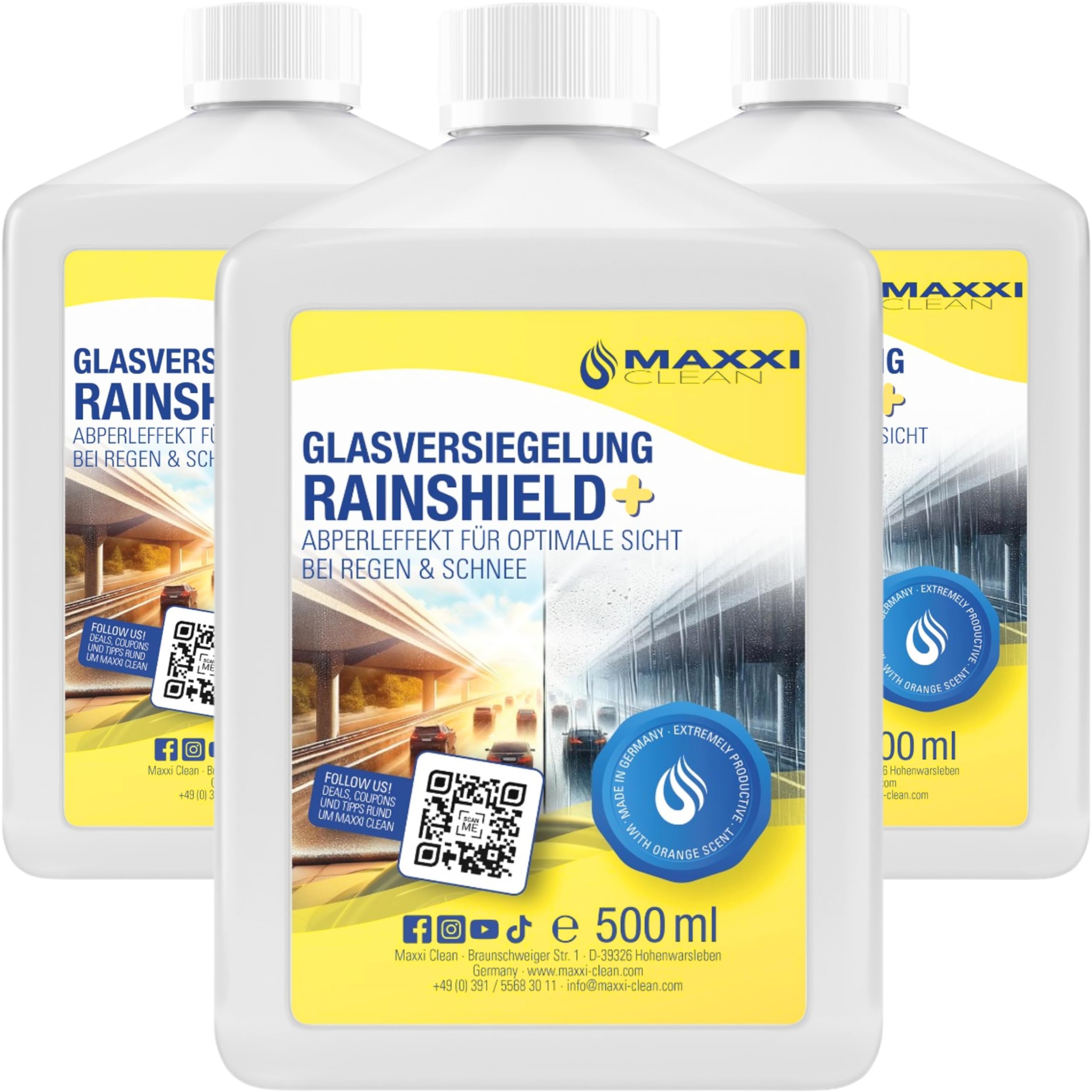 Maxxi Clean | 3x 500 ml Scheibenversiegelung [Rain Shield +] | Glasversiegelung | Nanoversiegelung | Regenabweiser mit Lotus-Effekt | Scheibenversiegelung mit Abperleffekt für klare Sicht